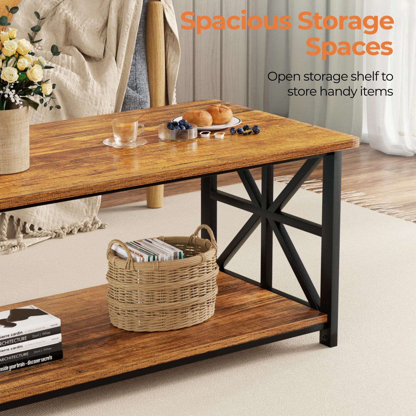 GreenForest 2-Tier Coffee Table, 100cm Round Corner for Small Space, Walnut