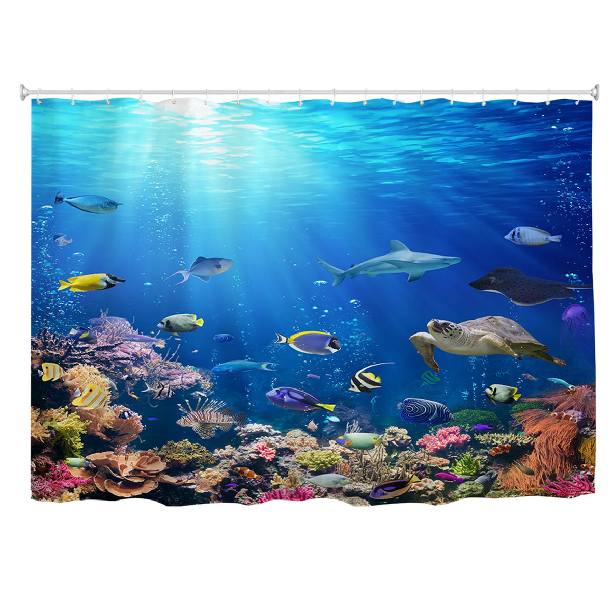 goodbath Extra Wide Shower Curtain 240x180cm, Ocean Underwater World Tropical Fish Anti Mould Fabric Waterproof Bath Curtains for Bathroom with 18
