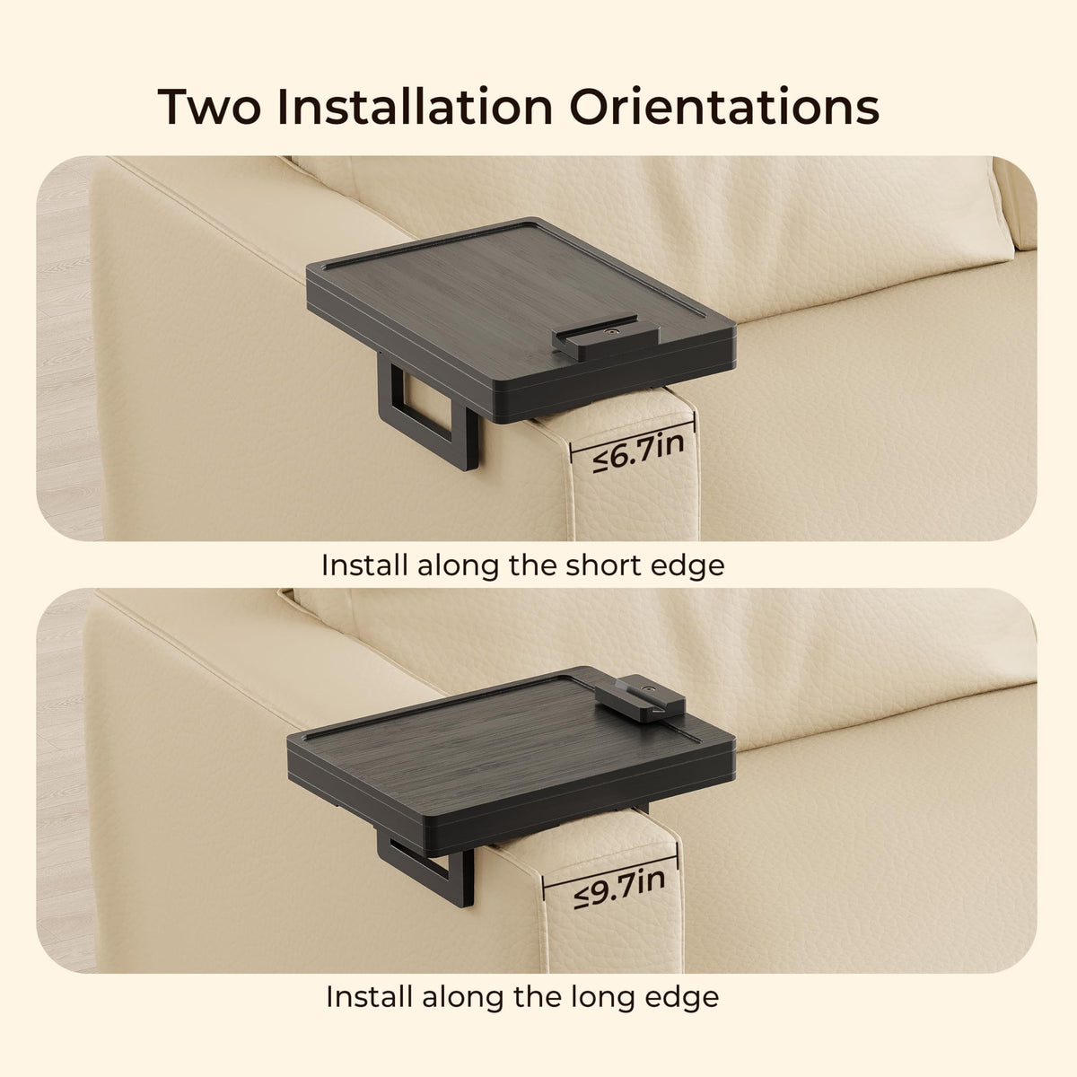 Wealone Black Couch Arm Tray for Wide Couch, Bamboo Sofa Arm Clip Table with Storage Box, Armrest Tray with 360°Rotating Phone Holder