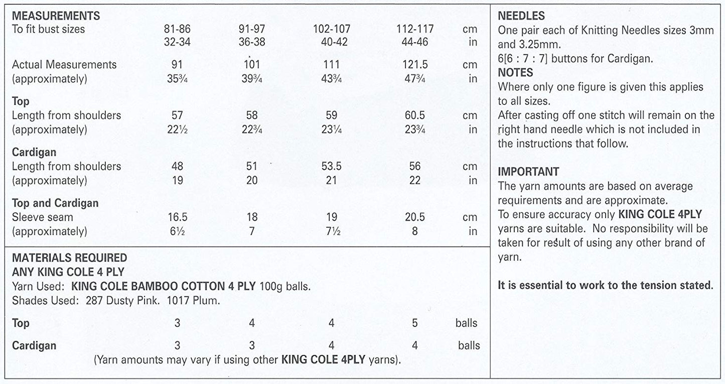 King Cole 4482 Knitting Pattern Ladies Top and Cardigan in Bamboo Cotton 4ply