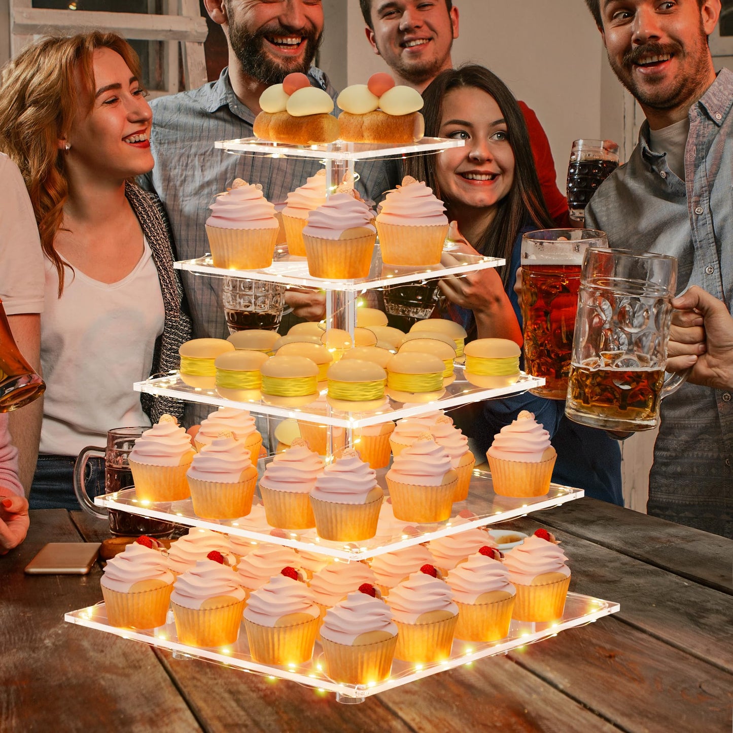 weddingwish 5 Tier Acrylic Cupcake Stand with LED Light, Clear Cupcake Stand for 50 Cupcakes, Cupcake Holder Tower Dessert Table Display Set for