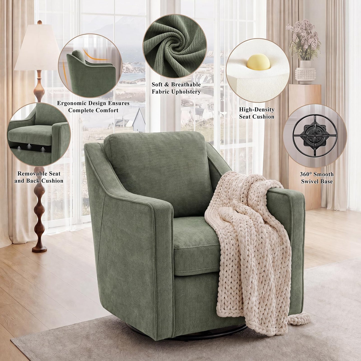 Swivel Armchair for Living Room, 360° Rotating Living Room Chair, Linen Fabric Accent Chair with Removable Seat Cushion & Pillow