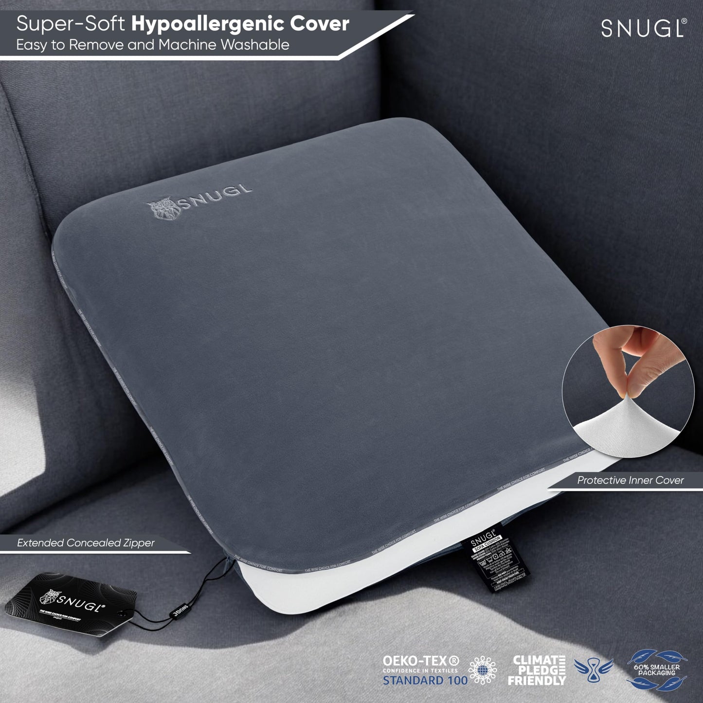 SNUGL Memory Foam Sofa Cushion with Shape Retention ? Hypoallergenic Velvet, Supportive Visco-Elastic Foam, Removable & Washable Cover, Perfect for