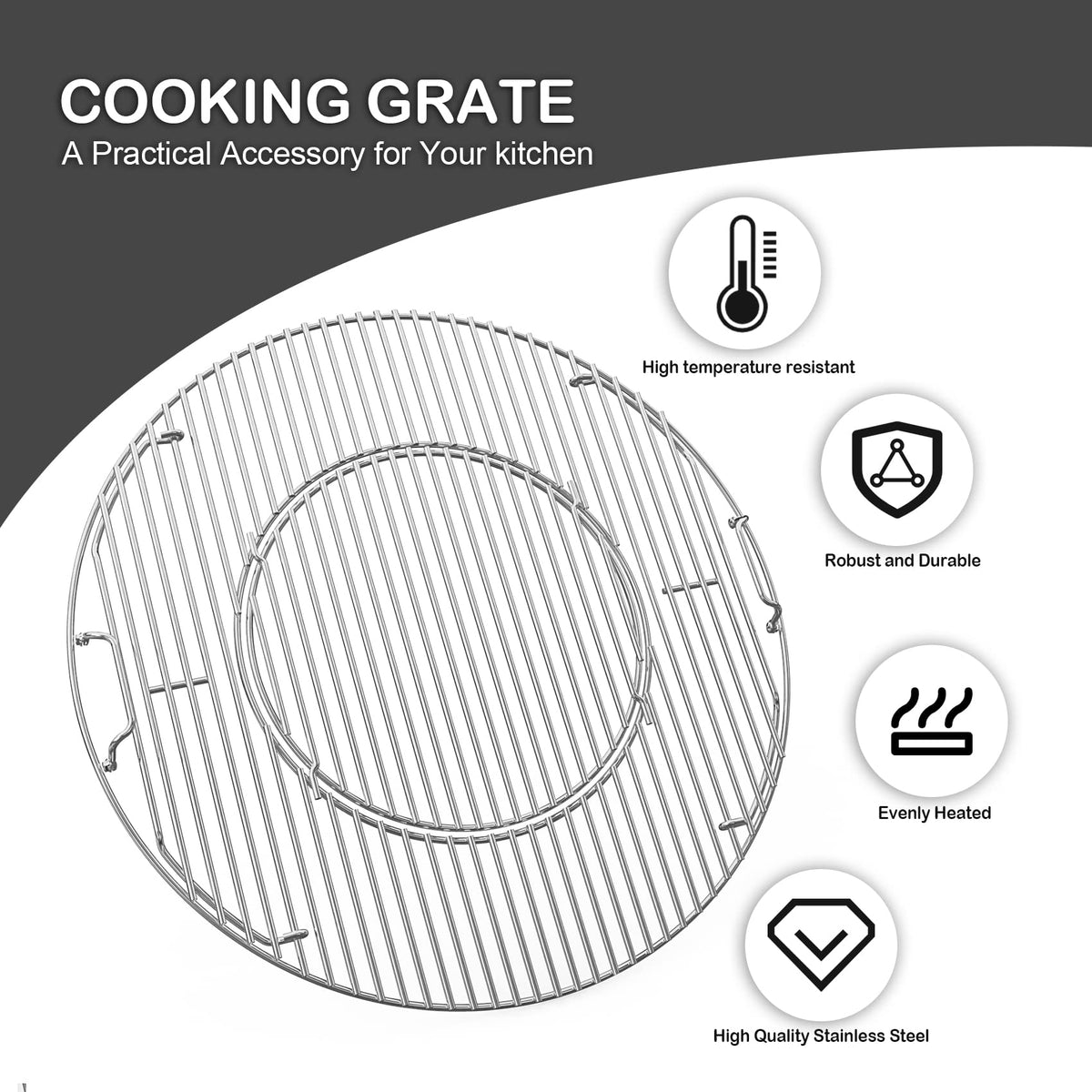 onlyfire Stainless Steel Cooking Grate,BBQ Grill Grate With Diameter 21.5",Double Side Opening with Detachable Handle,for Weber Gourmet BBQ System