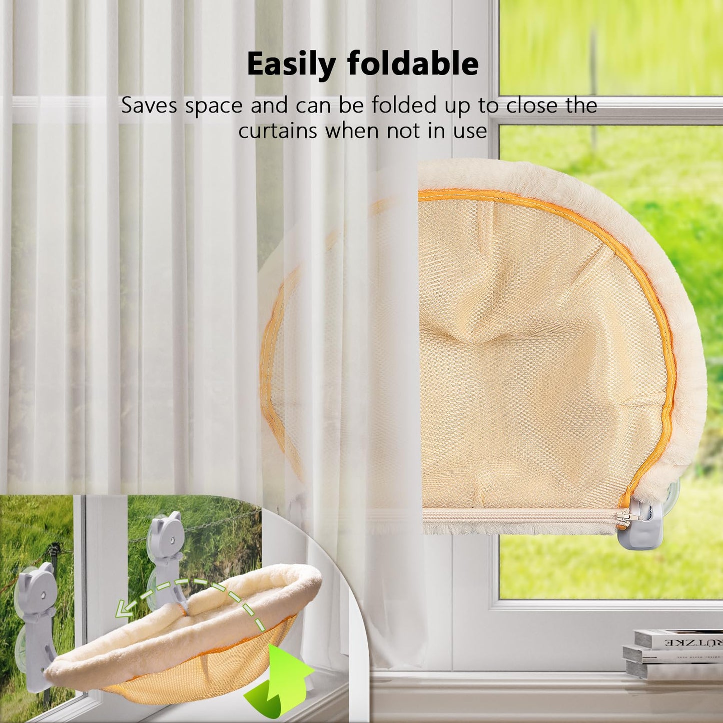 JUNSPOW Cat Window Perch Cordless, Foldable & Stable Cat Beds- Breathable Cats Window Hammock for Overlooking, Sunbathing and Climbing - Maximum Hold
