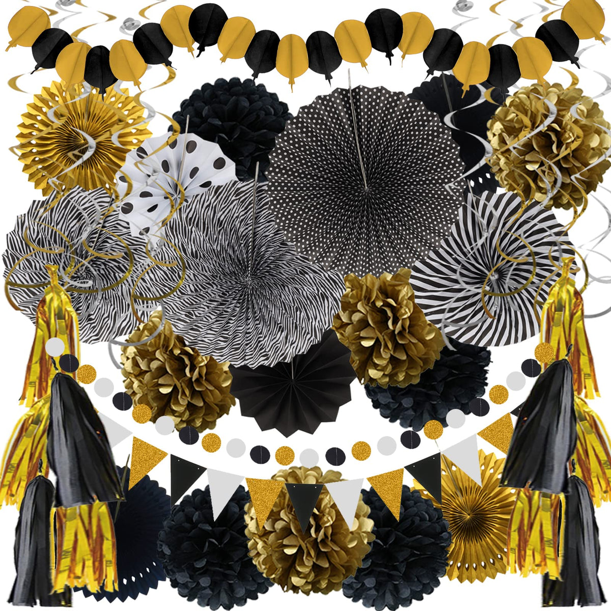 ZERODECO Party Decorations, 41 Pcs Black and Gold Papar Fans Pompoms Garlands String Tissue Paper Tassel for Graduation Congrats Grad New Years