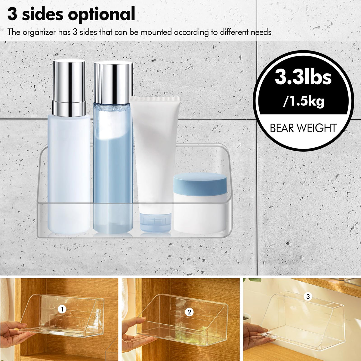 poeland Wall Mounted Storage Organizer, No Drilling Bathroom Shelf, Clear Storage Box for Bathroom, Bedroom, Mirror Cabinets (Transparent)