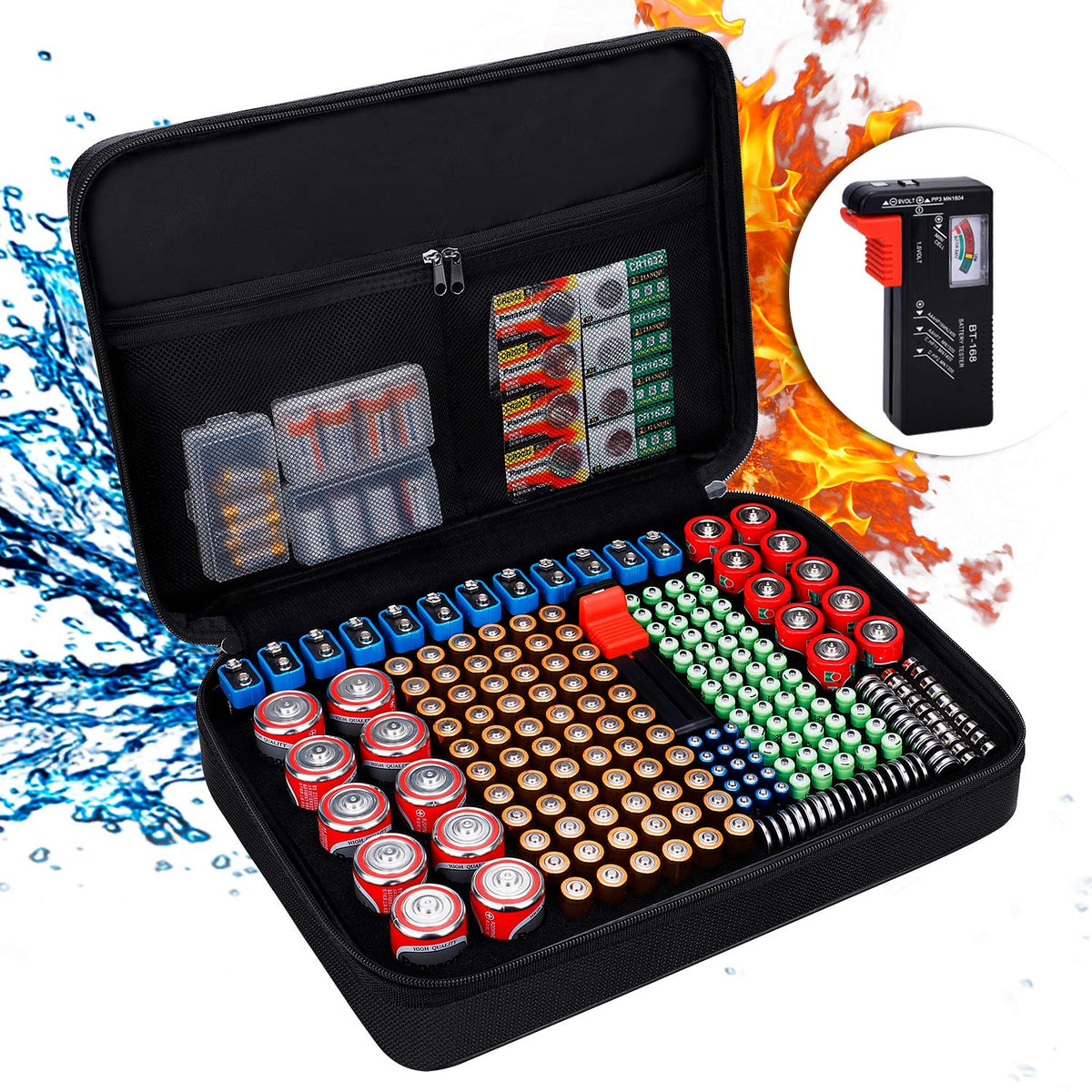 Battery Storage Box, Fireproof Battery Box, Carry Bag with Tester, Holds 216 Batteries of Different Sizes for AAA, AA, 9V, C and D Size and Tester