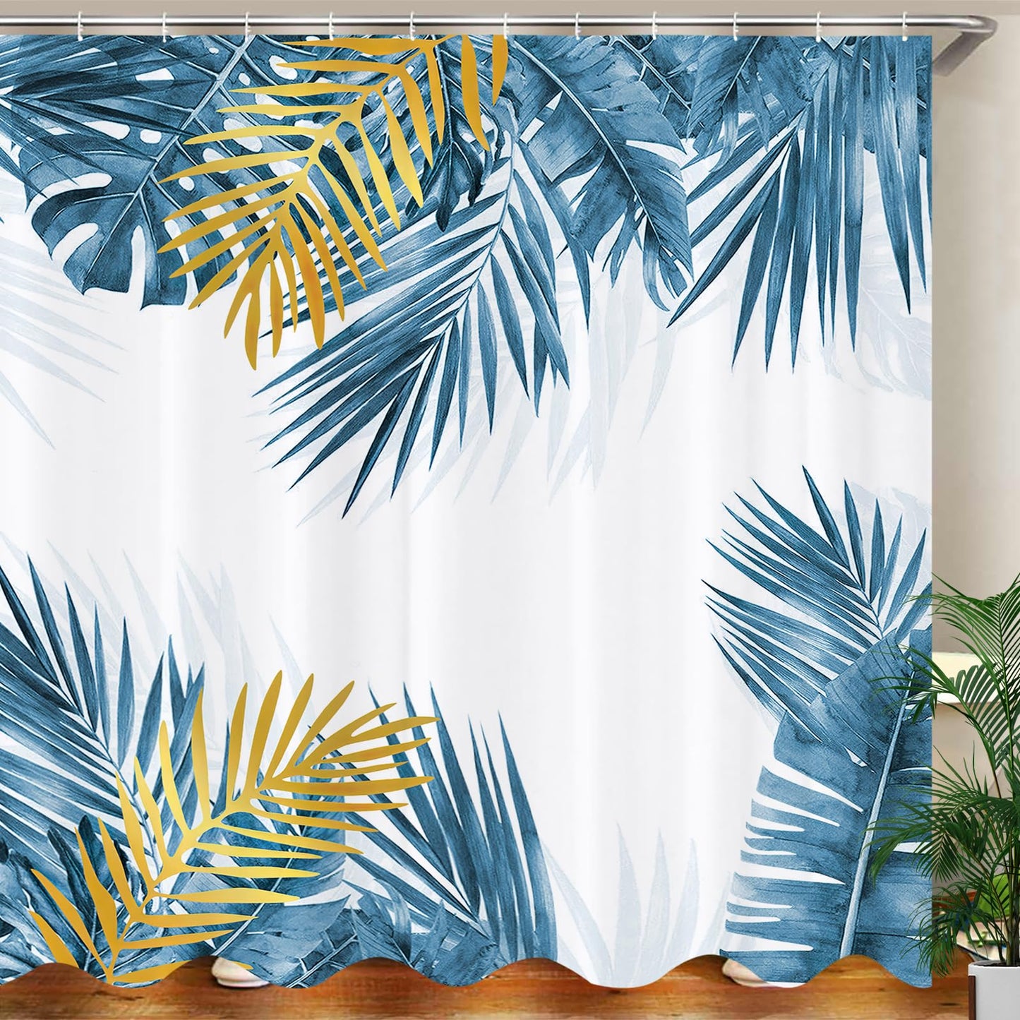 JOOCAR Blue Leaf Shower Curtain for Bathroom Blue Gold Tropical Plam Leaf Plant Curtain Polyester Fabric Waterproof Shower Curtain Set with 12 Hooks,
