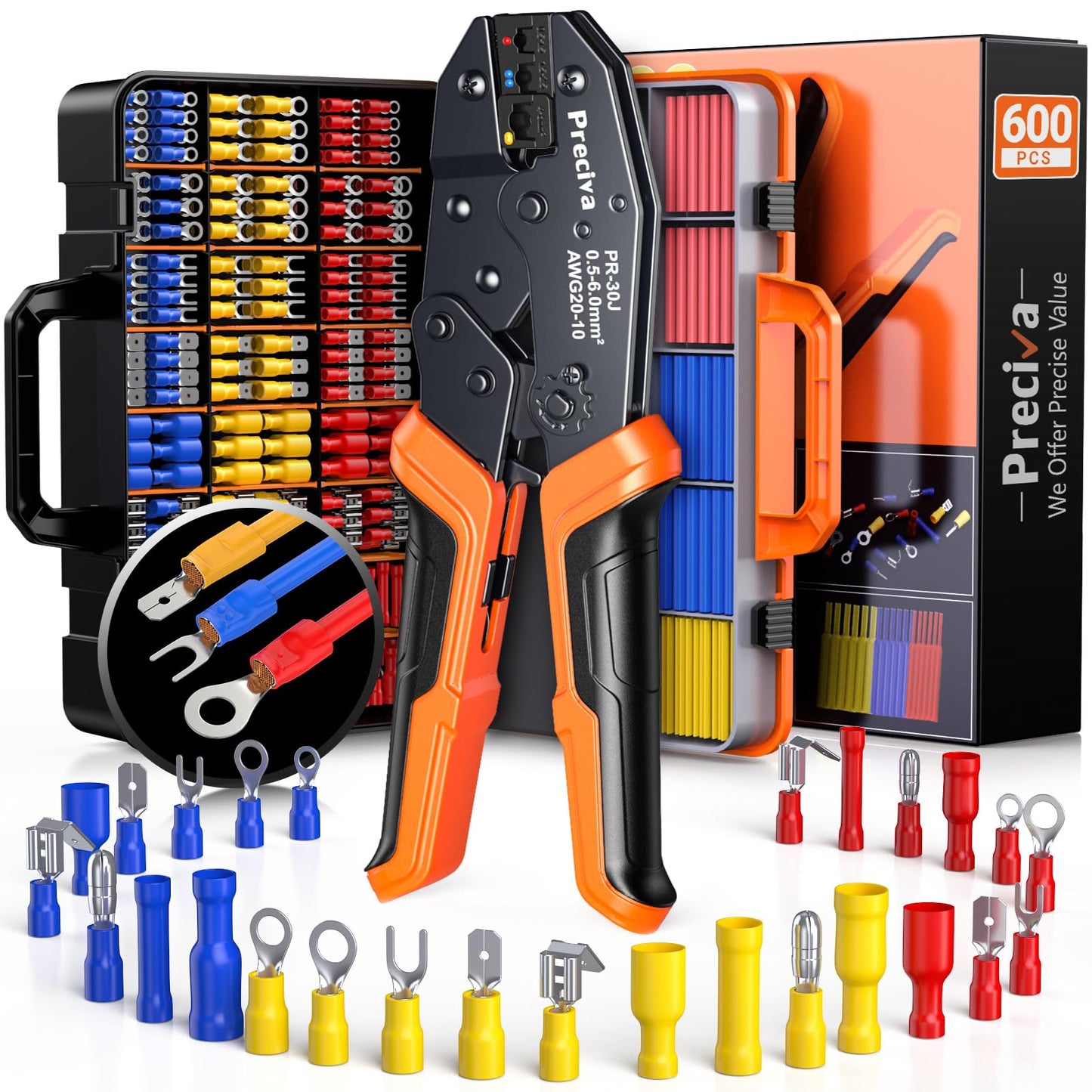 Preciva 600-Piece Professional Crimping Tool Set, Includes Crimper Tool for 0.5-6mm? Wires (AWG 20-10), 490 Insulated Ferrules, 190 Heat Shrink