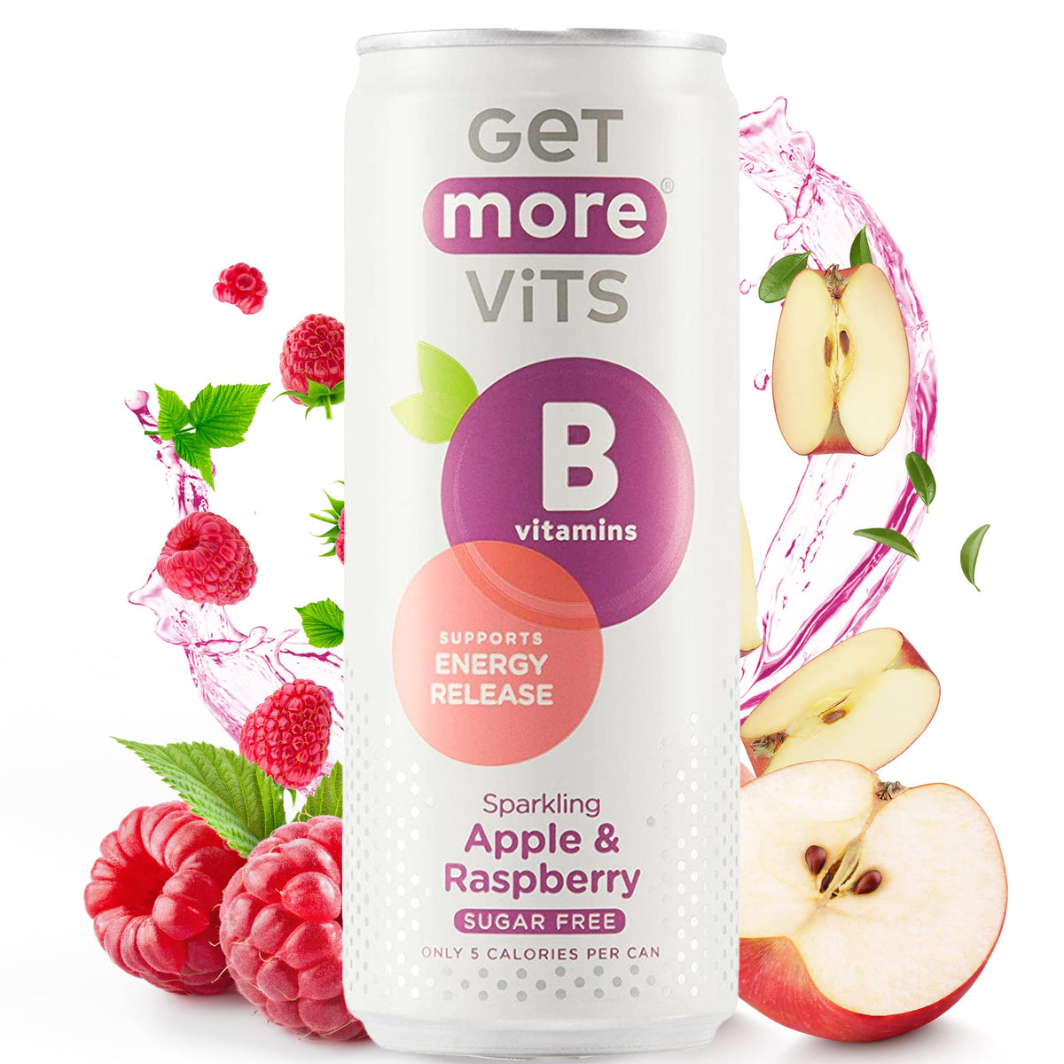 Get More Vits - B Vitamins Sparkling Apple & Raspberry Flavoured Spring Water (12 x 330ml), Supports Energy Release, Tackle Tiredness & Fatigue,