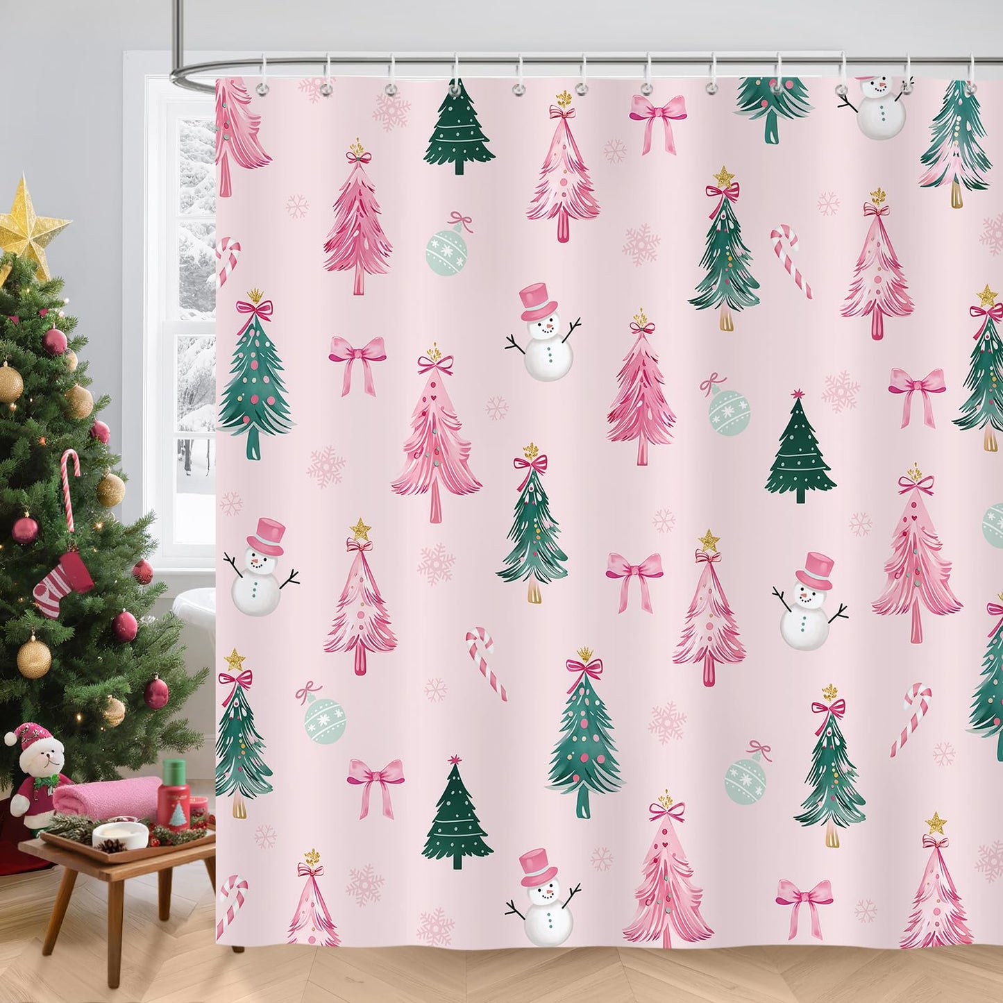 COZZSNUGE Christmas Shower Curtain, Pink Green Xmas Tree Snowman Snowflake Bow Cute Winter Bathroom Curtain 180 x 180 cm, Water Repellent Mildew