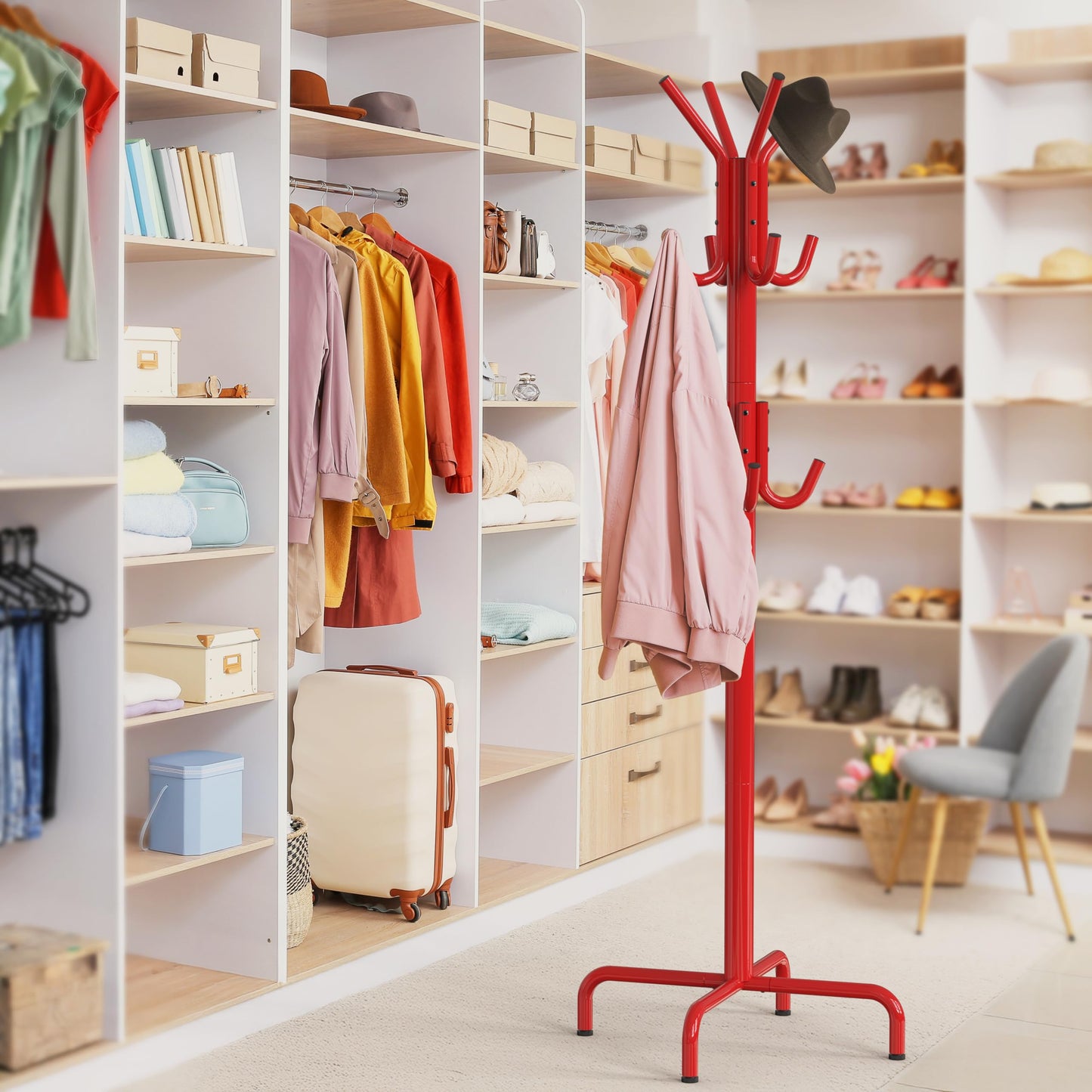 Simple Houseware Standing Coat and Hat Hanger Organizer Rack, Red