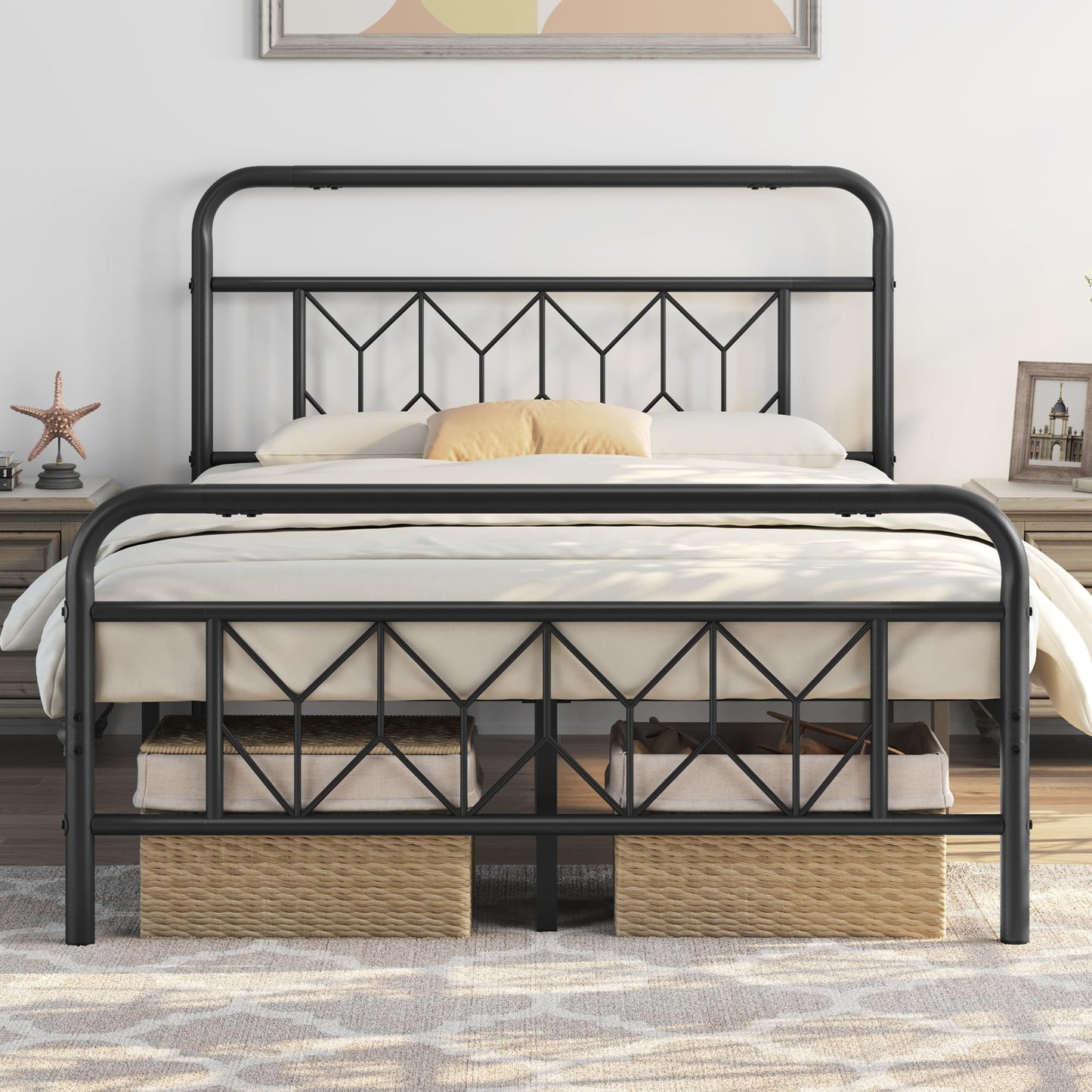 Yaheetech 4ft6 Double Bed Frames Vintage Sturdy Metal Platform Bed with Large Storage/Diamond Pattern Headboard/Easy Assembly/Embeded Design Bed Base,