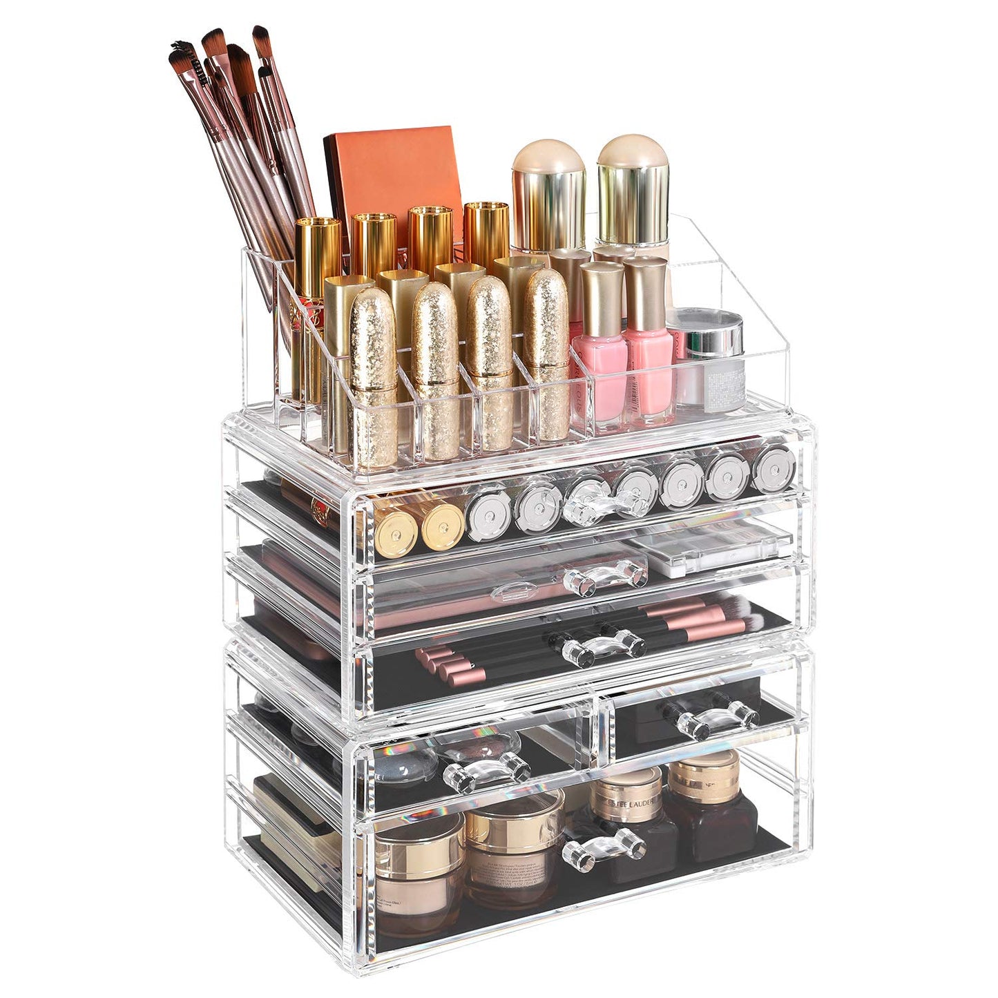 SONGMICS Large Clear Acrylic Make up Organiser, Stackable Cosmetic Box, with 6 Drawers, for Palette Brush Foundations Lipstick Nail Polish Hairpins,