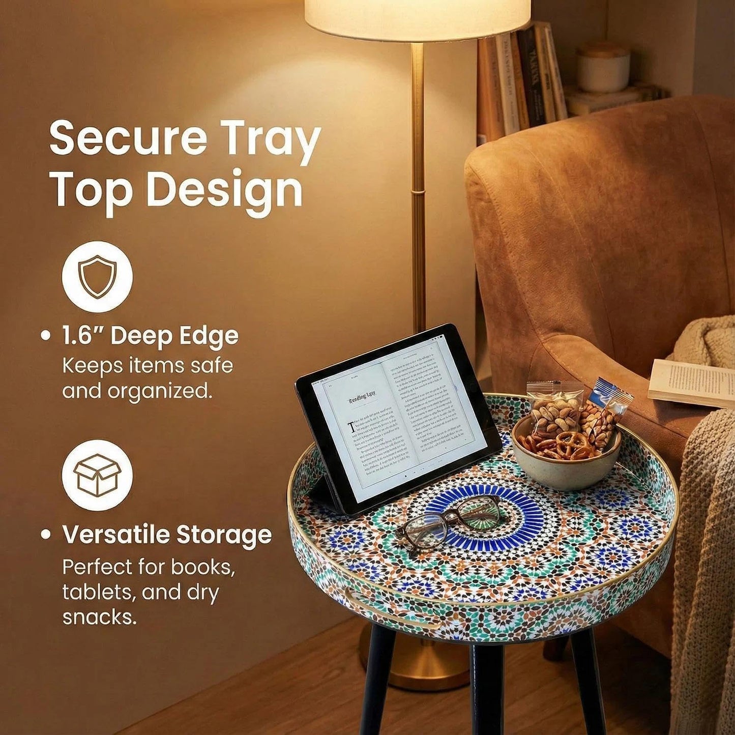 Simmer Stone Round Indoor Side Tables with Detachable Wooden 3 Legs, Versatile Tray Table, Perfect For Round Coffee Table Tea