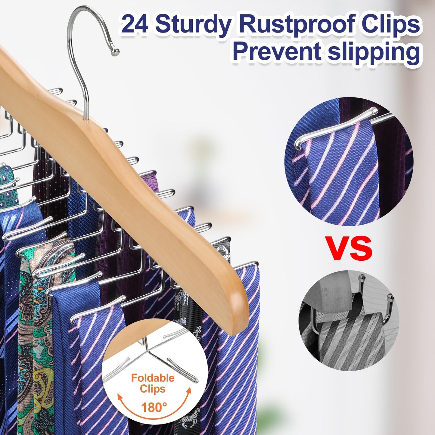 TOPIA HANGER Tie Rack Hanger for Closet, Wooden Tie Organizer for Men with 24 Folding Hooks, Space Saving Necktie Holder for Storage and Display Bra