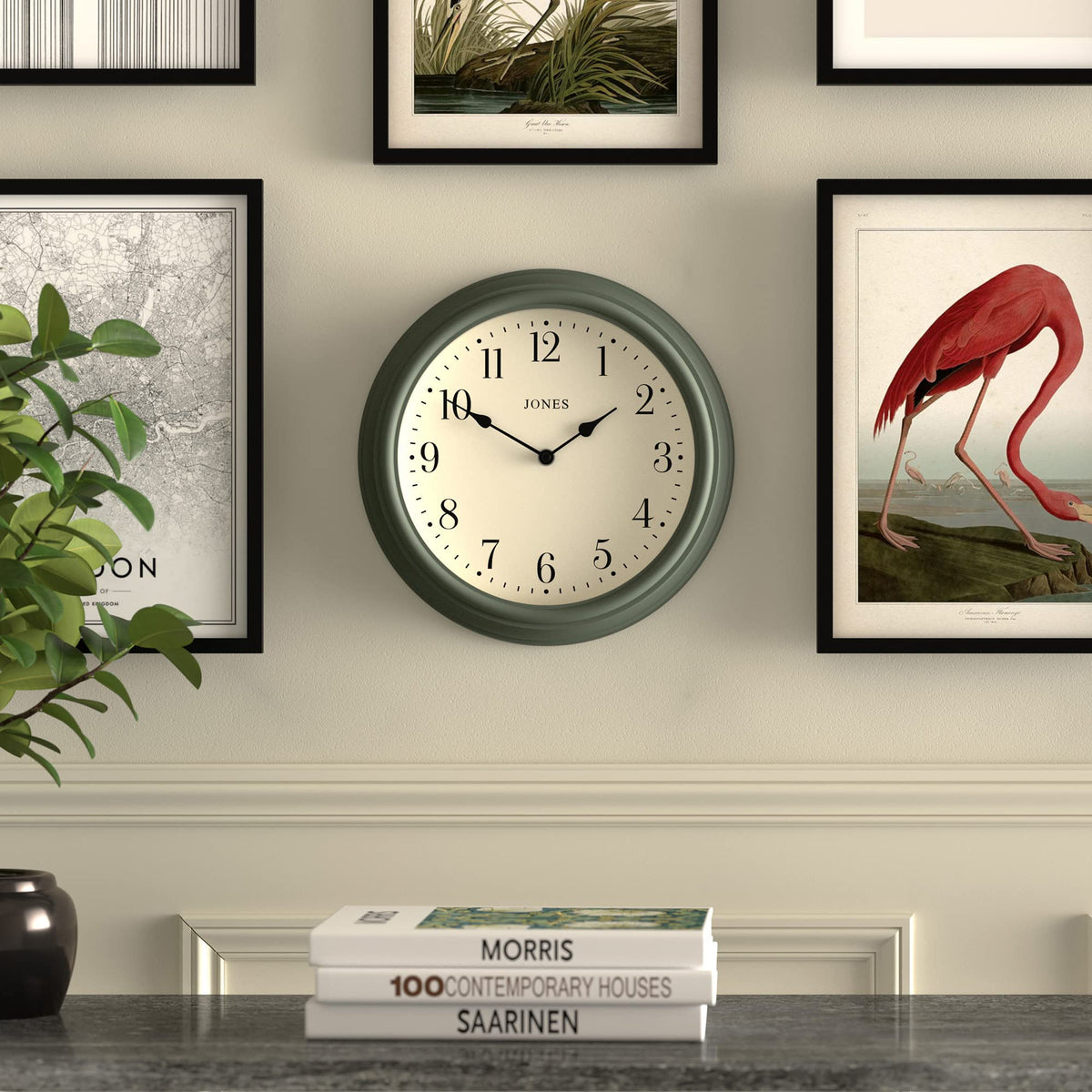 Jones Clocks Venetian wall clock | Classic round clock | 30cm | Green | Arabic numerals | Traditional design ideal for kitchen, living room or