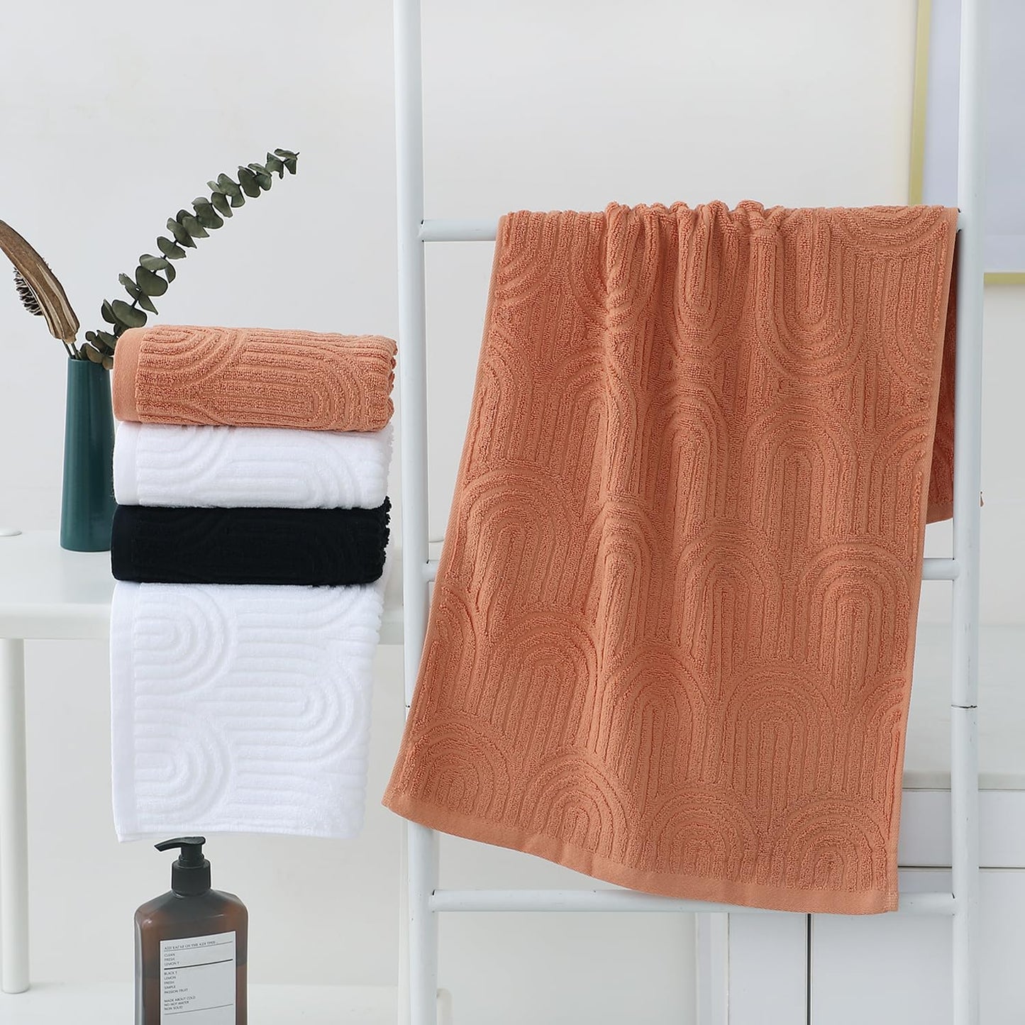 Pidada Hand Towels Set of 4 Striped Pattern 100% Cotton Absorbent Soft Decorative Towel for Bathroom (White)