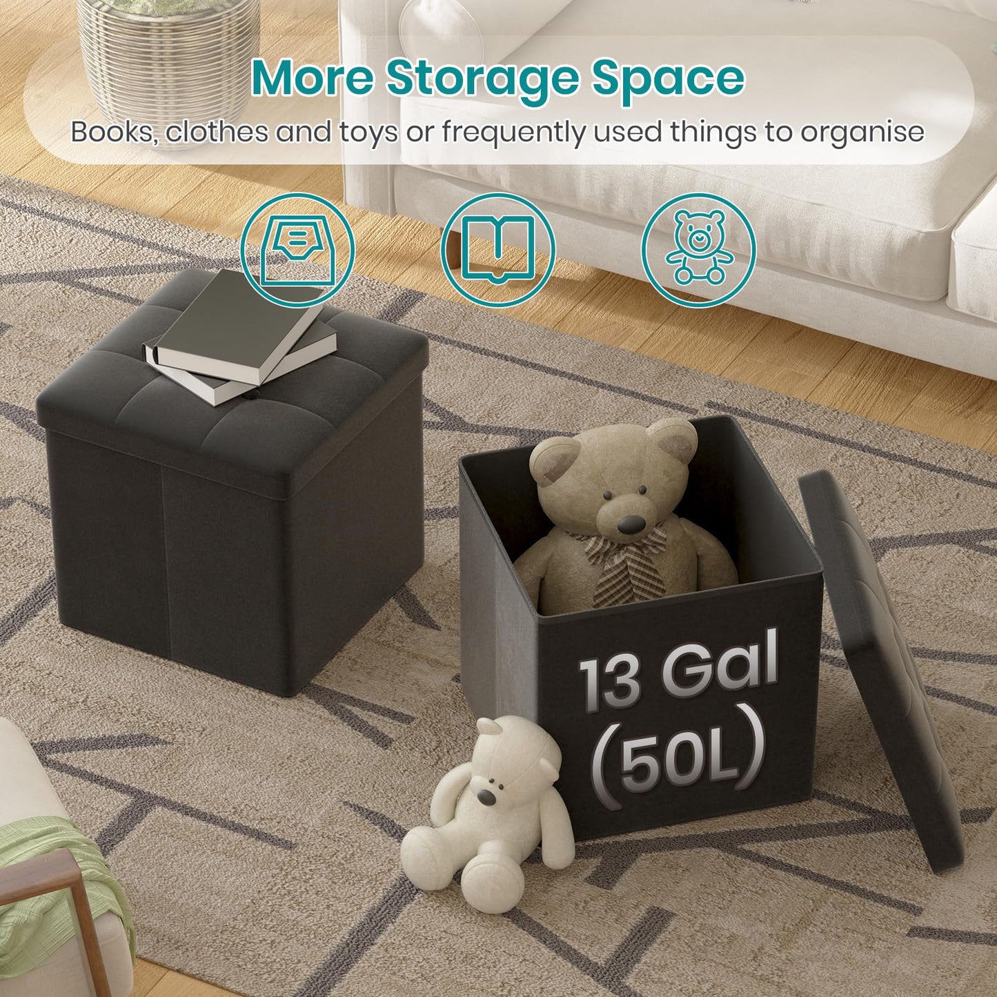 Oak & Tea Storage Ottoman, Foldable Storage Bench, Small Footrest, Cube Storage Unit, 1 Storage Boxes with Lid, Footstool