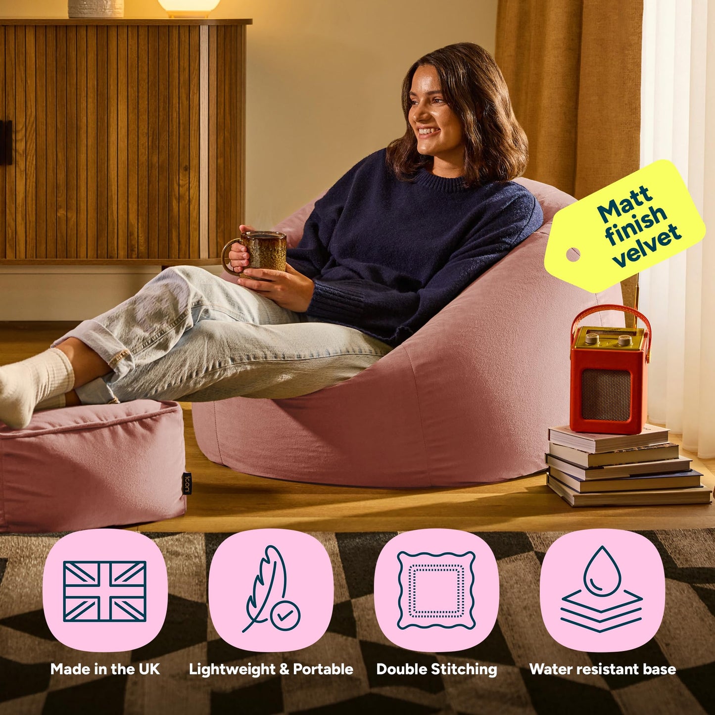 icon Kingston Velvet Bean Bag & Footstool with Filling Included, Pink
