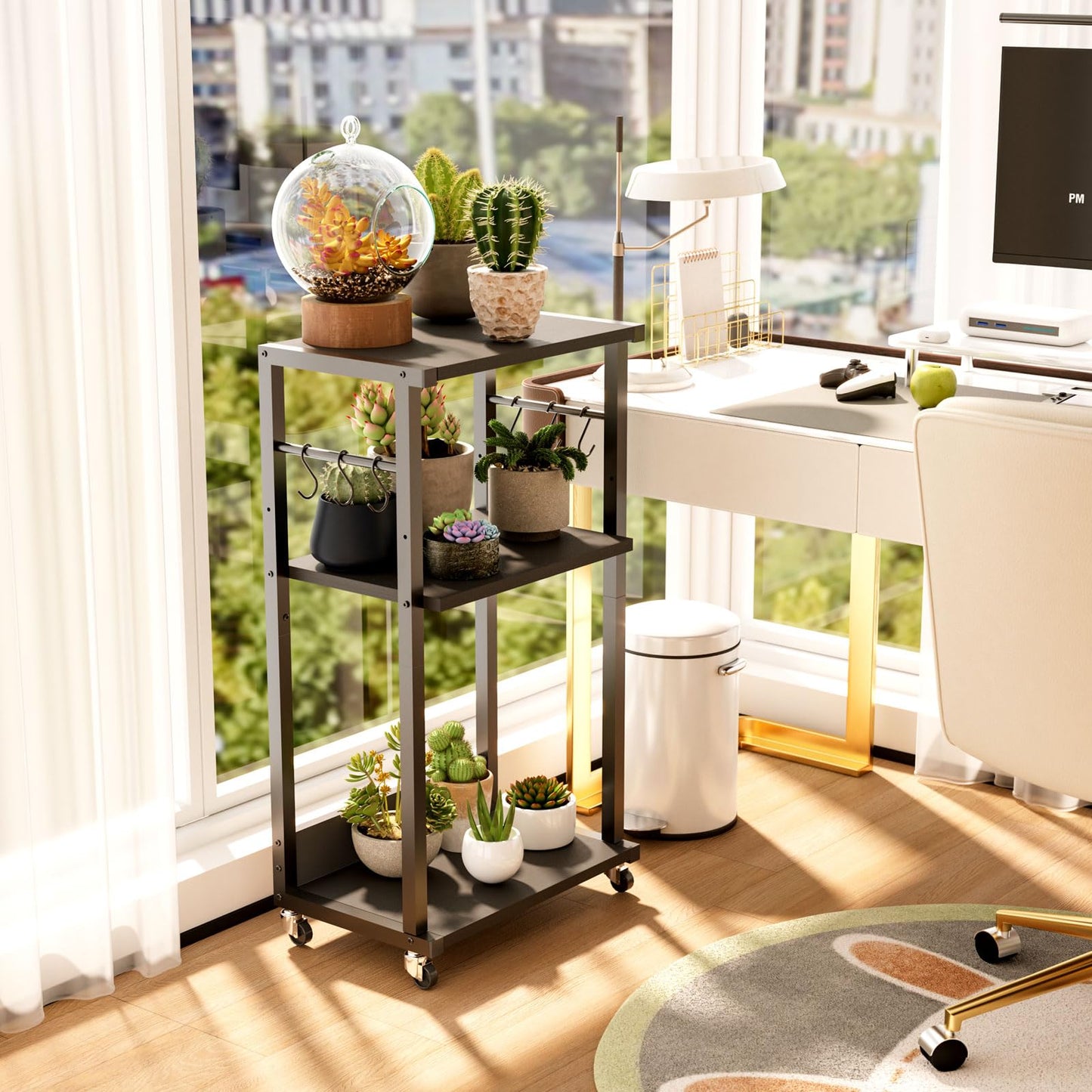 YMYNY Mobile Printer Stand, 3 Tier Under Desk Home Printer Cart on Wheels, Industrial Height Adjustable Wood Rolling Printer Table for Fax Machine,