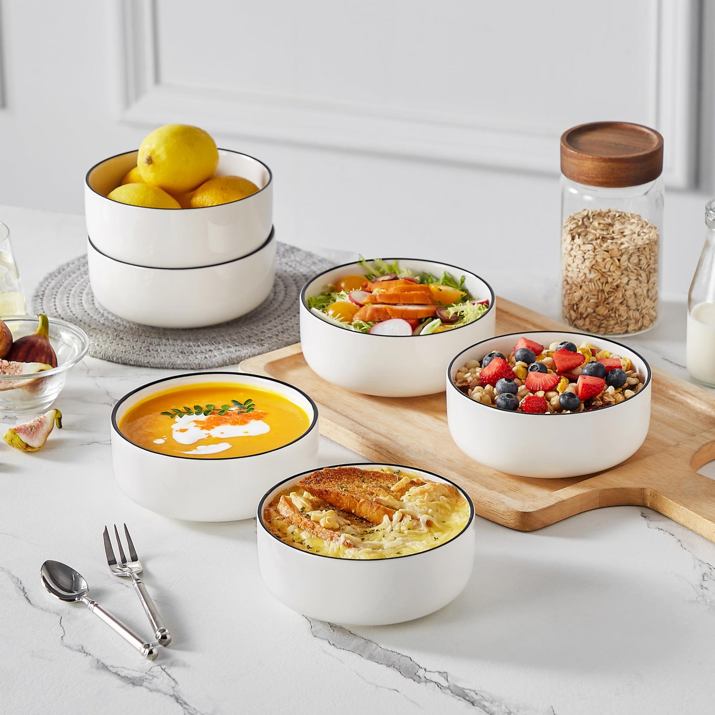 MALACASA 24 oz Cereal Bowls Set of 6 with Black Rim, Chip Resistant Premium Porcelain Salad Bowl, Ivory White Soup Bowls for Noodles, Dessert, Series