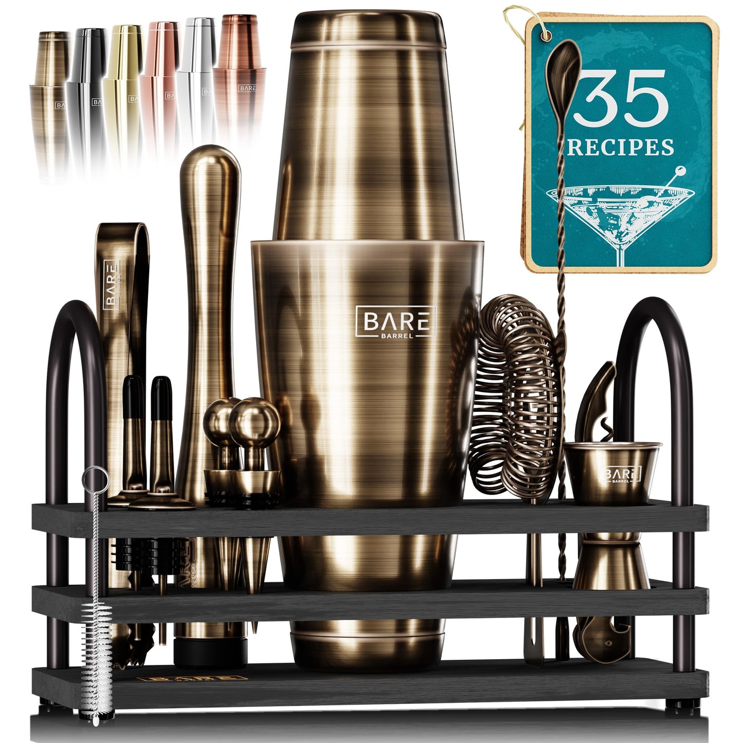 BARE BARREL Cocktail Making Kit | 14-Piece Bartender Kit Cocktail Shaker Set Maker | Display Stand & 35 Recipe Cards | Mixology Cocktail Gift Set