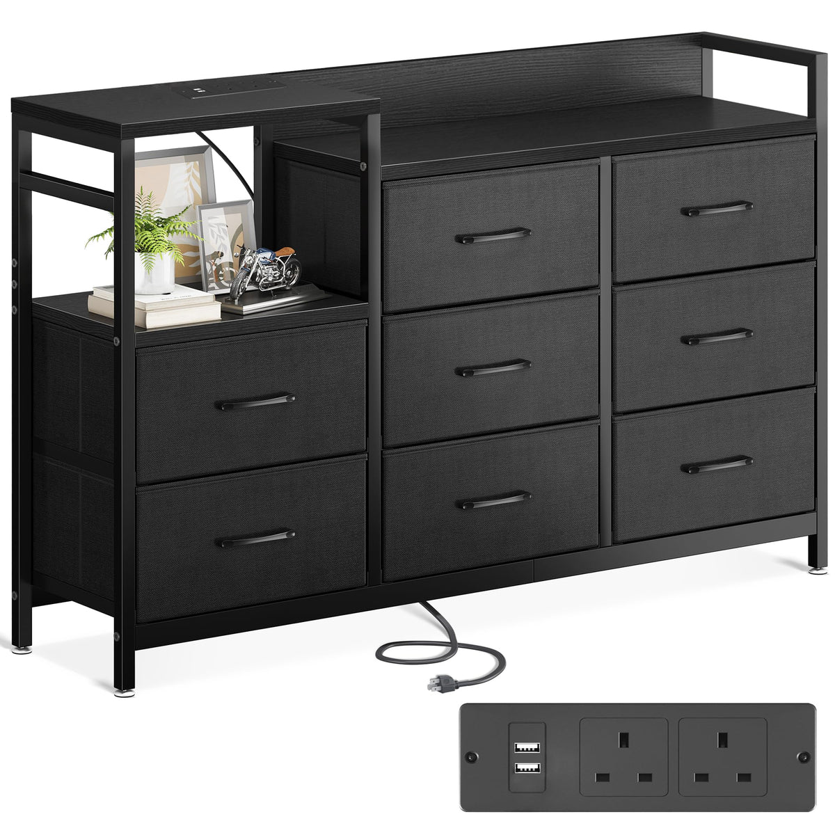ODK Black Chest of Drawers Bedroom, Contains 2 USB & 2 AC Ports Sockets, 8 Fabric Drawers Multi-functional Drawers Suitable for Bedrooms,Living Rooms,