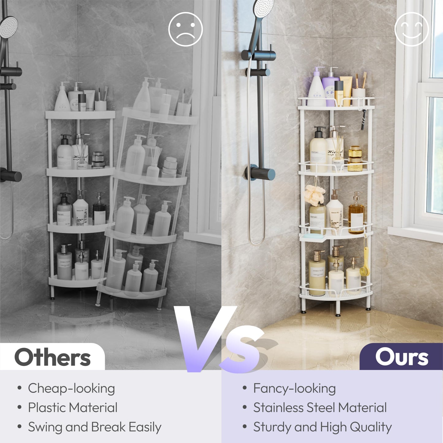 SWTYMIKI Corner Shower Caddy - 4 tier Bathroom Shelf Shower Organizer Corner with 4 Hooks, Rust Free Standing Bathroom Accessories with Soap Holder