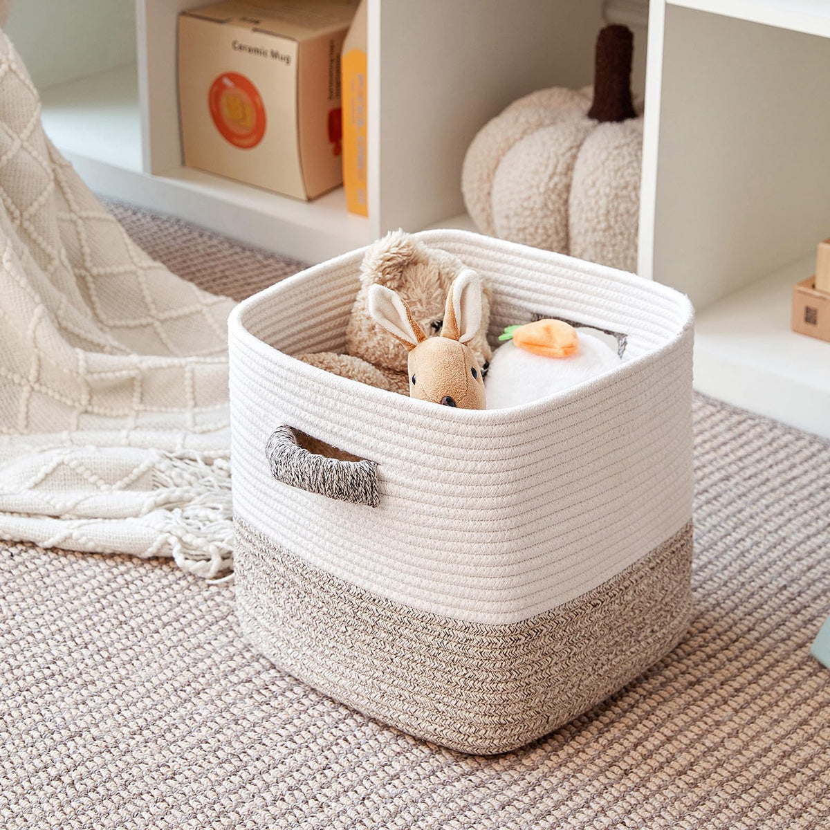 R RUNKA Storage Cube Baskets 3-Pack - 11 inch Square Baskets, Closet & Shelves Organizers - Woven & Drawer Storage - Ideal for Toys | White & Beige
