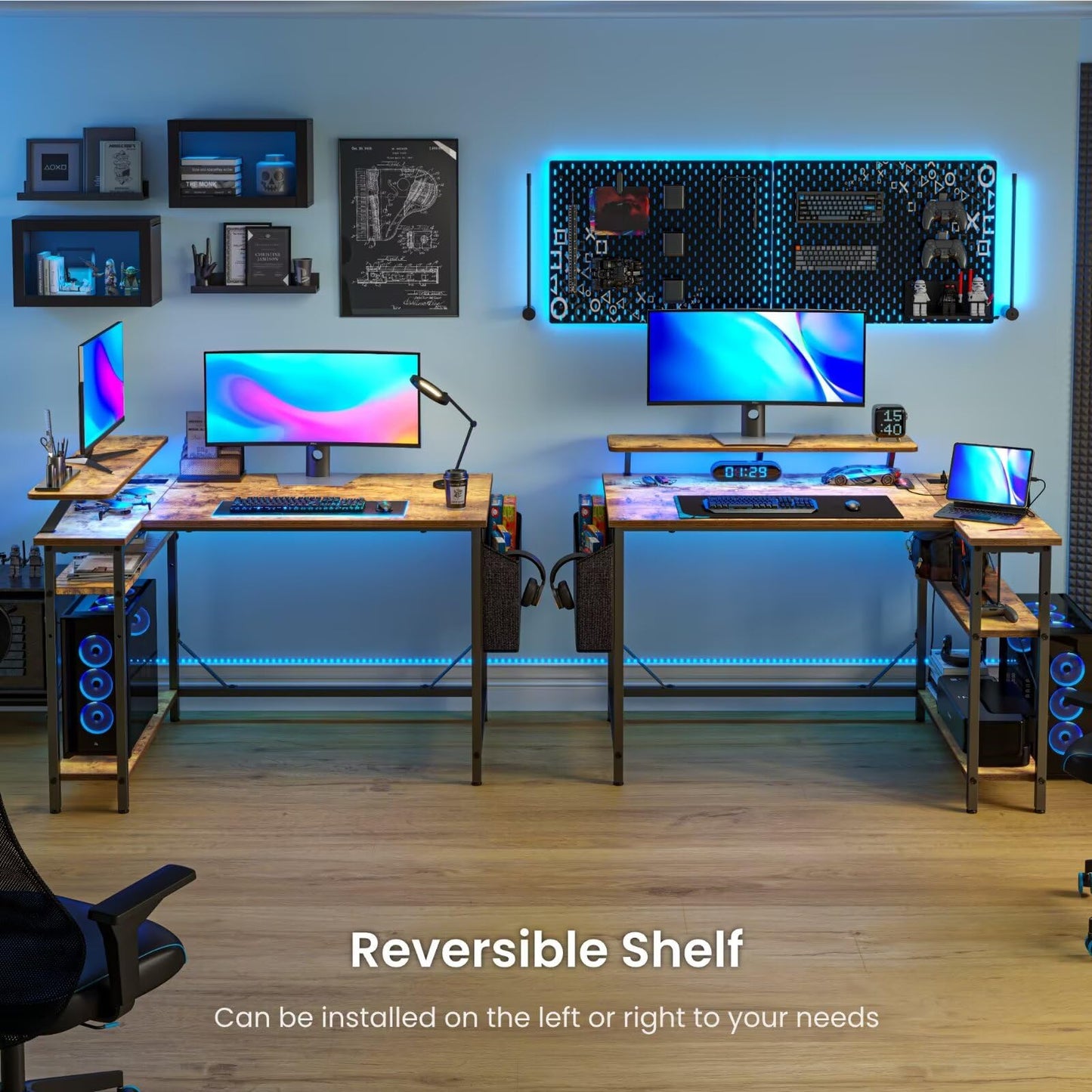 DOMSHOCT L Shaped Gaming Desk with LED Lights & Power Outlets, 140 * 80cm Corner Computer Table with Storage Bag & Adjustable Shelves & Large Monitor