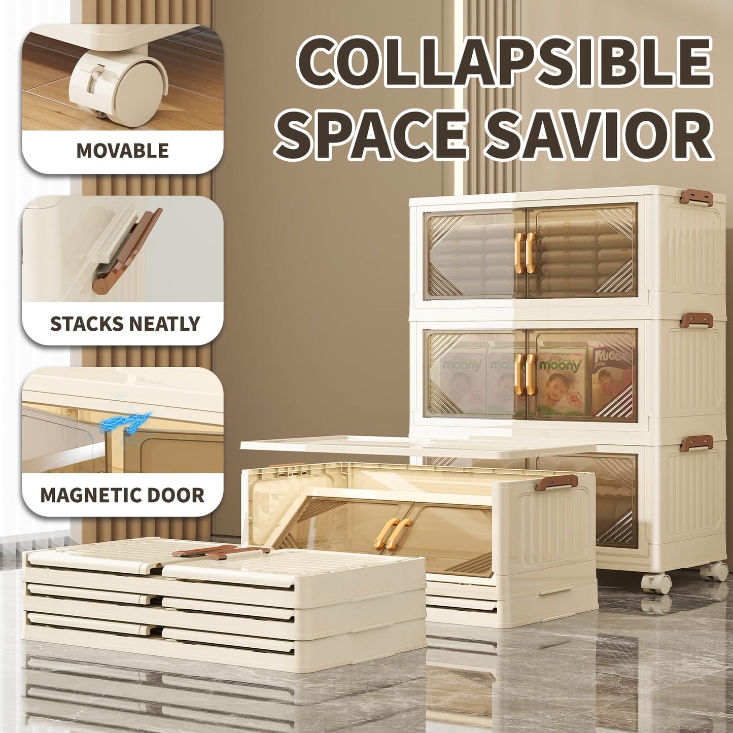 Tronkle Storage Boxes with Lid, 3-Tier Plastic Stackable Storage Boxes with 1 Lid 32L/Tier, Foldable Storage Bins with Wheels