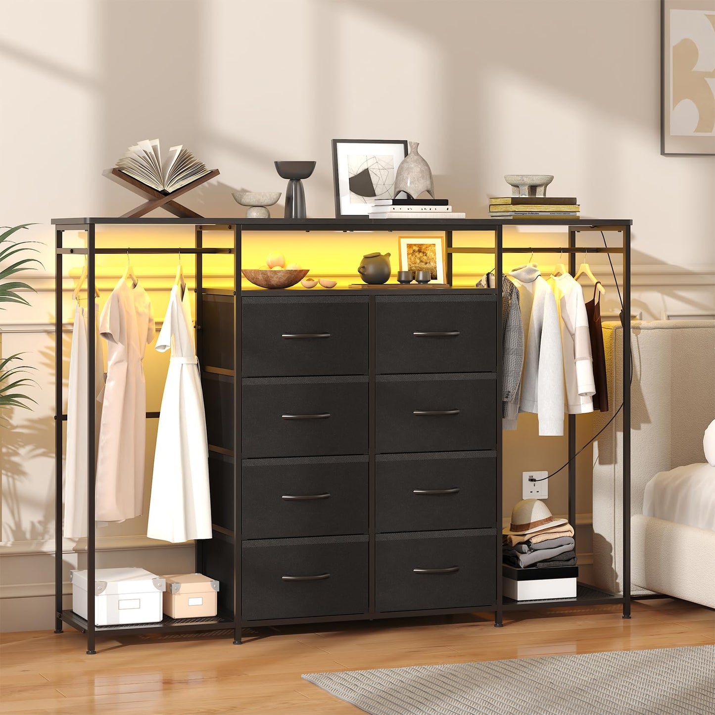 Feonase 8-Drawer Dresser for Bedroom with Hanging Rack, LED Lights, Fabric Drawers, Metal Frame & Wooden Top