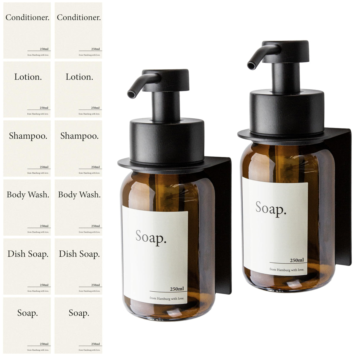 Designfactory Hamburg Glass Soap Dispenser | Wall mounted Soap Dispenser for Kitchen and Bathroom | Shampoo and Conditioner Dispenser | 2x Modern