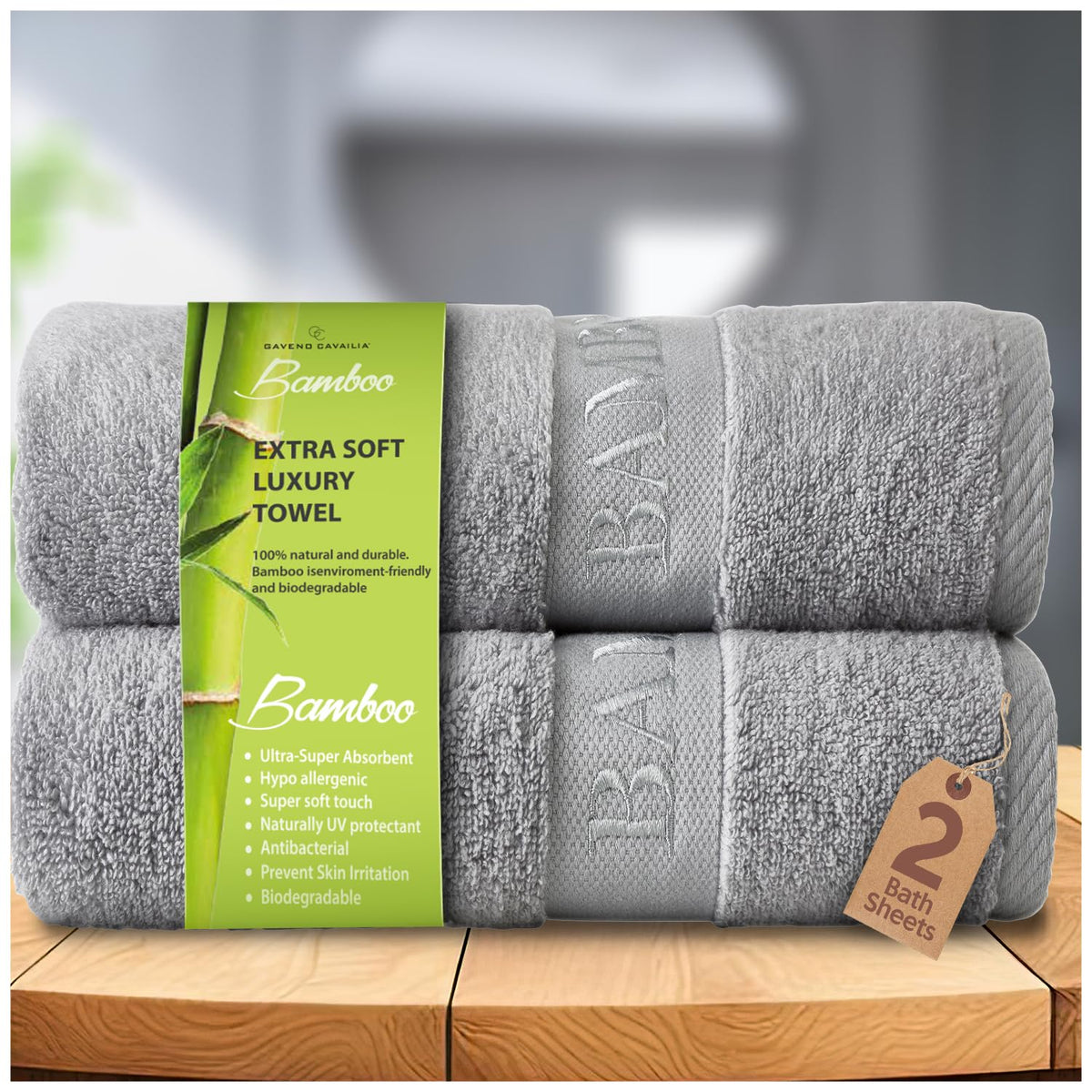 GC GAVENO CAVAILIA Bamboo Bath Sheet Extra Large (80x140cm) - 500 GSM Super Water Absorbent Towels Large Bamboo Towels 2 Pack (60% Bamboo, 40% Cotton)