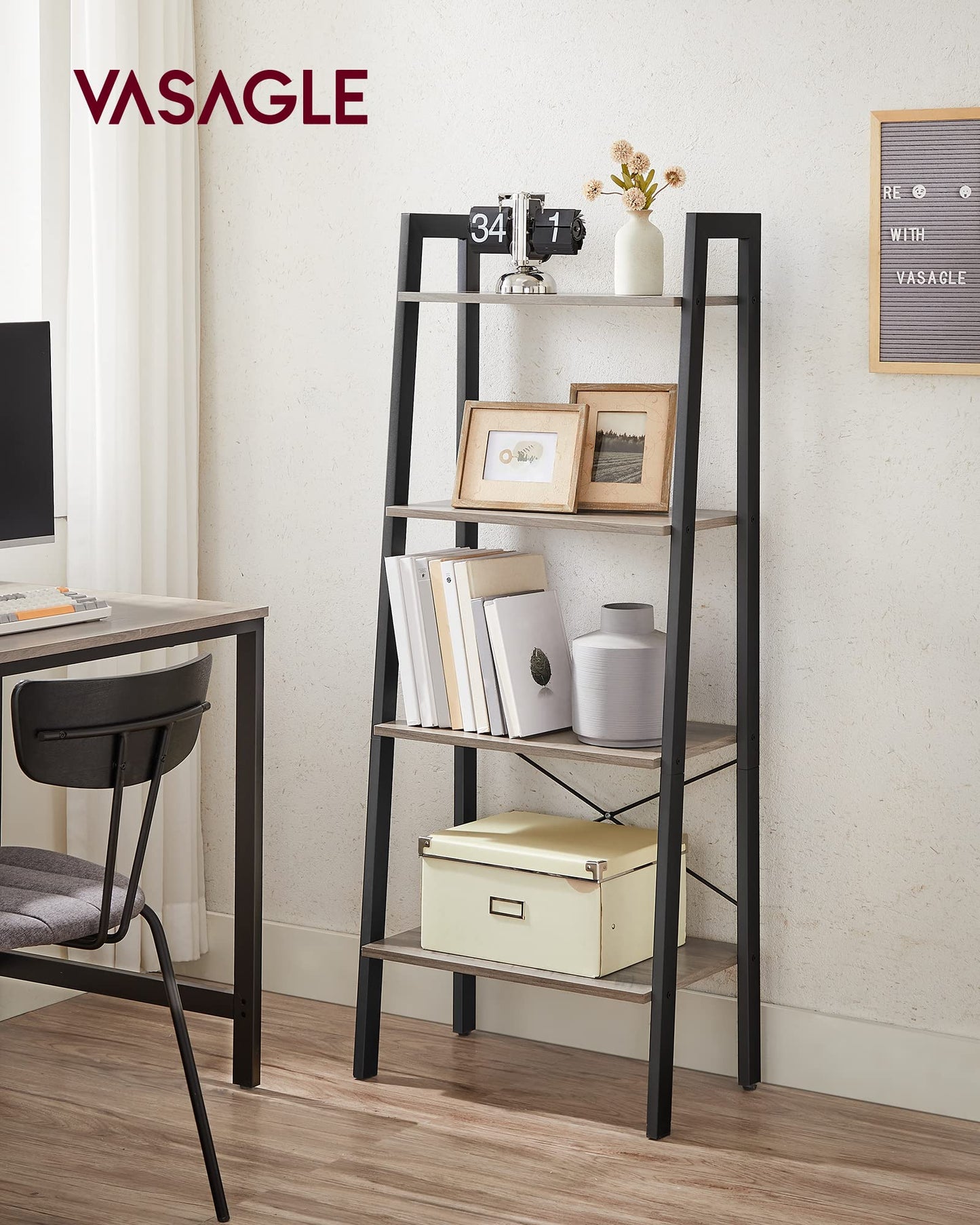 VASAGLE Ladder Shelf, 4-Tier Bookshelf, Bookcase, for Living Room, Bedroom, Kitchen, Home Office, Industrial Style, Steel Frame, Greige and Black