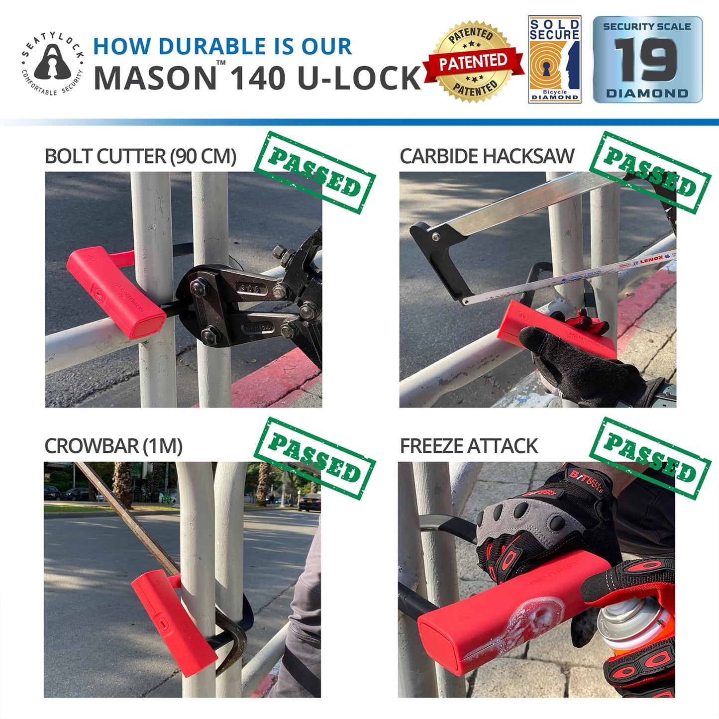 SeatyLock Mason Bike U Lock - Patented Heavy Duty Anti Theft Sold Secure Diamond Rated Bike ULock - High Security Bicycle Lock with Key for Electric
