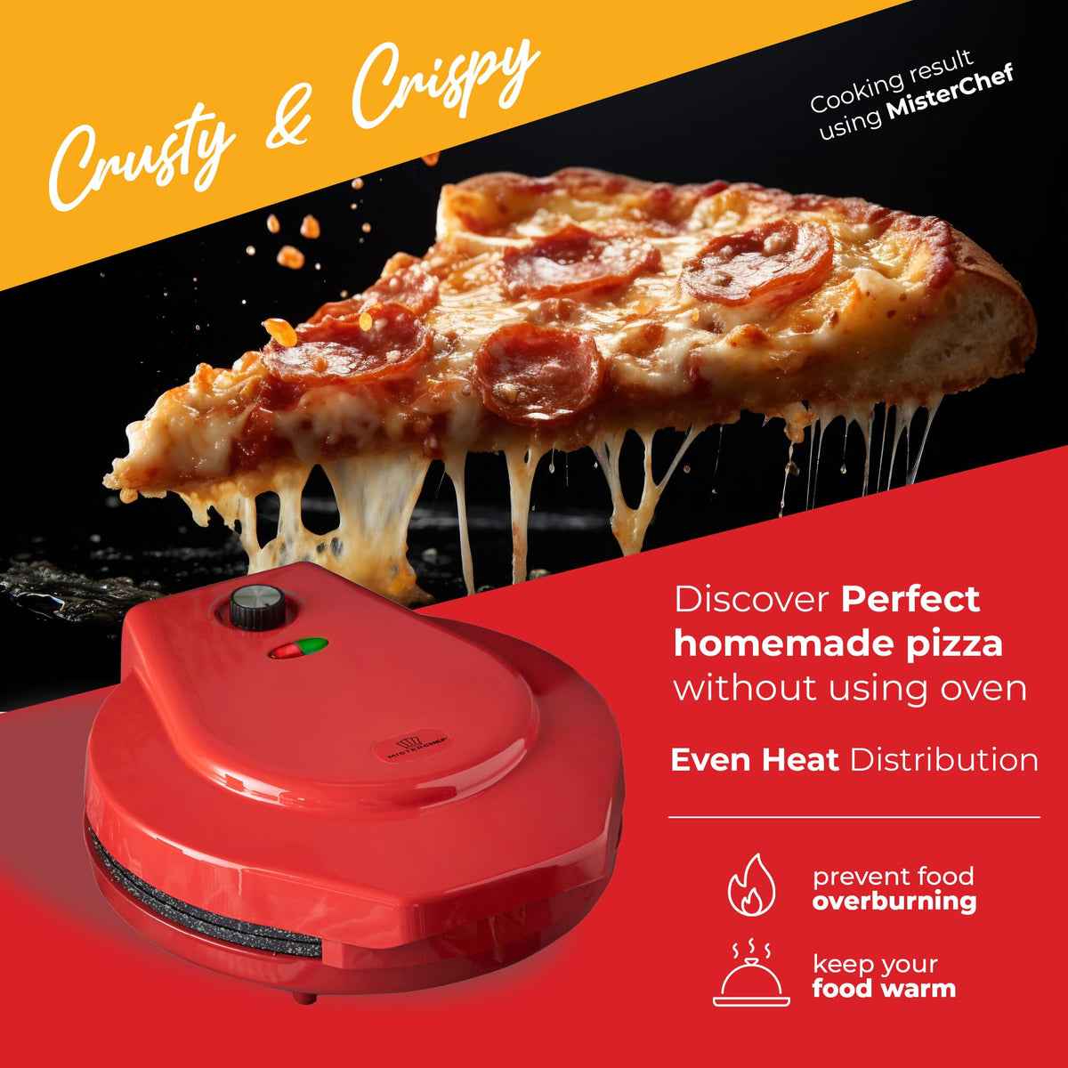 MisterChef Pizza Maker 1450W Ceramic Plates, 12 Inch / 30cm, 2,3 Metal, Free Recipe Book, Red
