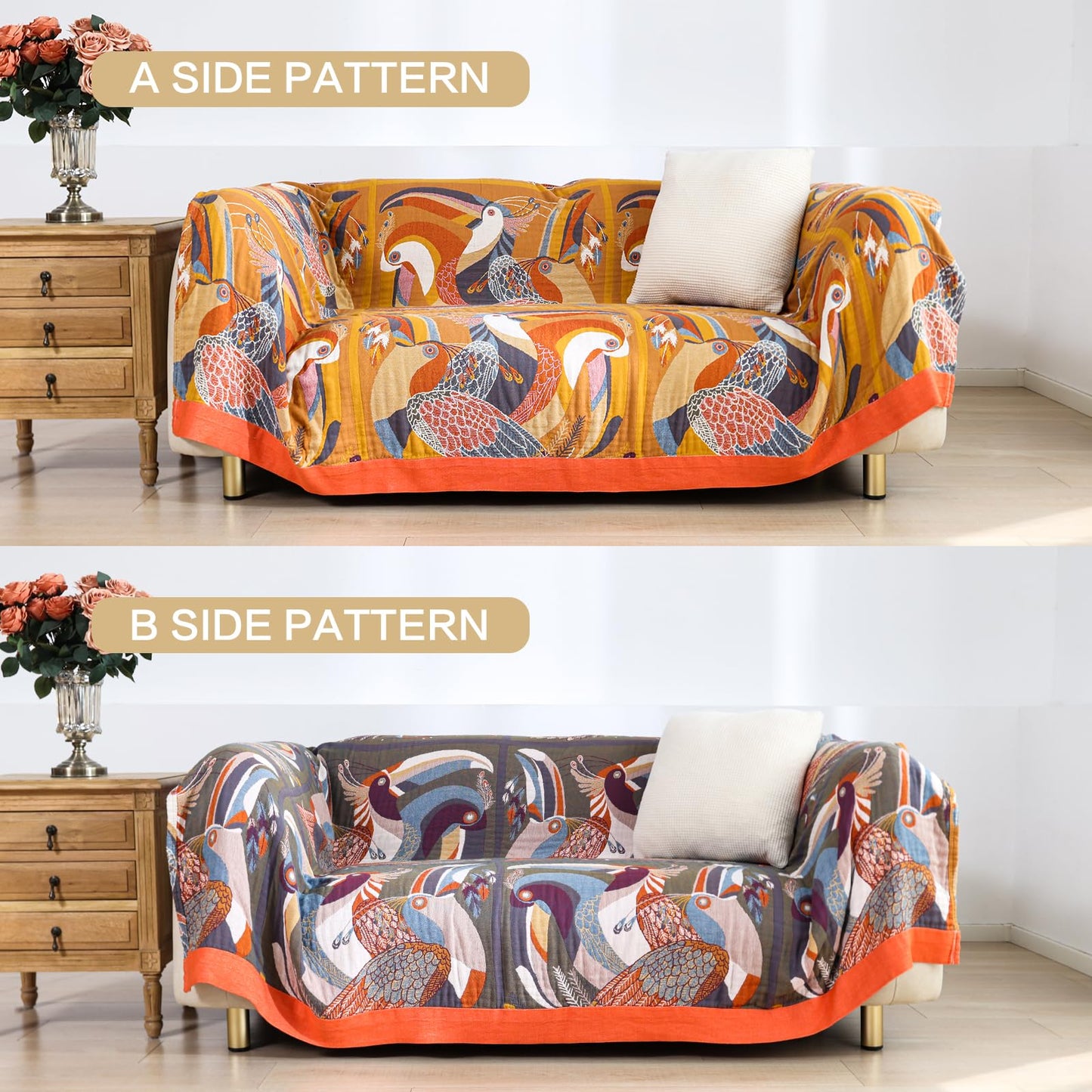 VANJOROY Double-sided Sofa Large Bed Throw Blanket, 100% Organic Cotton Warm Soft Bohemian Throw for 2 3 Seater Armchair Couch and Bed.