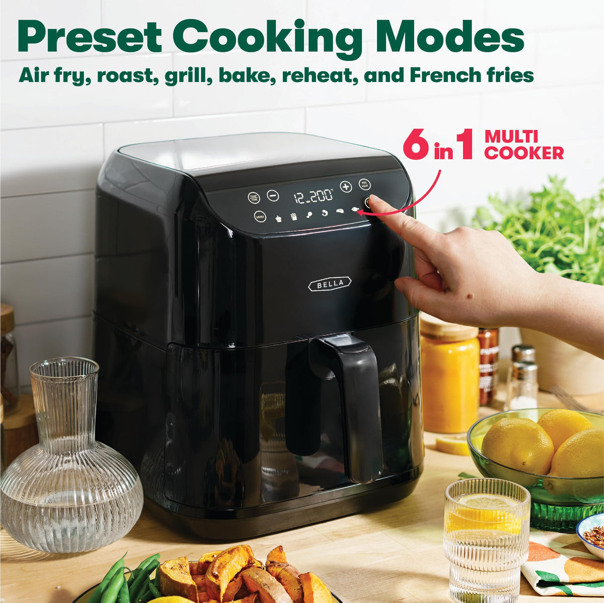 BELLA 6 L Touchscreen Air Fryer with Preset Cooking Modes and Removable Nonstick Dishwasher Safe Crisping Tray and Basket, 1500 Watt Heating System,