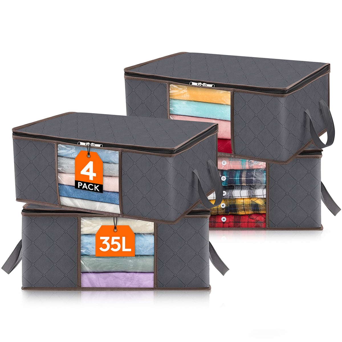 Lifewit 4 Pack Clothes Storage Bag Foldable Storage Boxes with Lids Underbed Wardrobe Storage Organiser with Sturdy Fabric Clear Window for Clothing