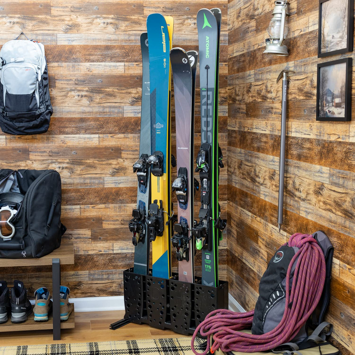 StoreYourBoard Ski Storage Rack, 4 Pair Freestanding Skis Floor Mount, Wide Skis