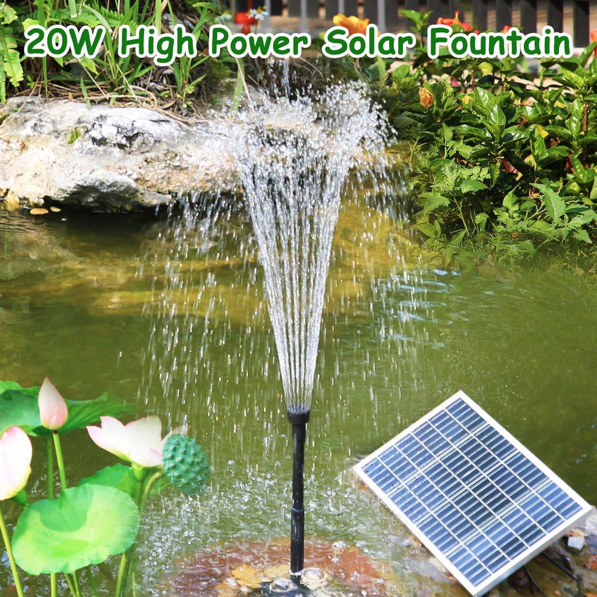 AMZtime 20W Solar Water Fountain, Upgraded solar powered water fountain for DIY Water Feature, Solar Fountain Pump with 6 Nozzles for Bird Bath, Pond,