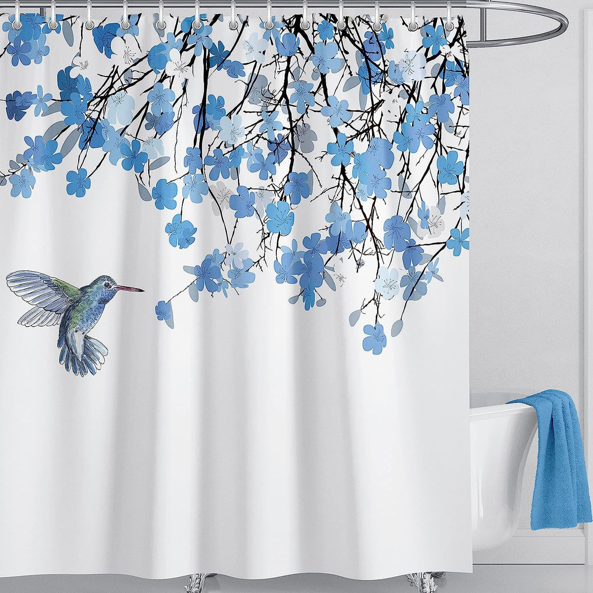 LIVETTY Shower Curtains Blue Birds Shower Curtain 200 x 200 cm Plants Bathroom Curtain Floral Polyester Fabric Bath Curtain with 12 Hooks Washable