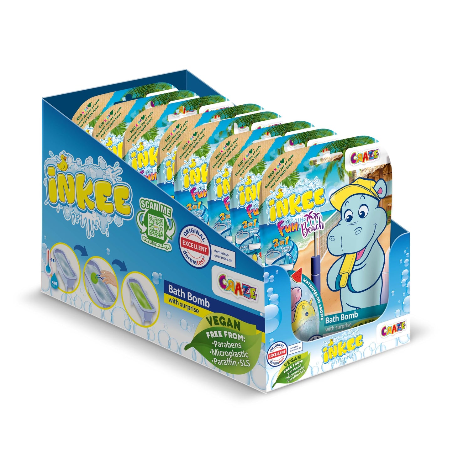 INKEE Fun Beach 8 Pack Kids Bath Bombs with Surprise Hippo Figures ? Watermelon Scent and Mango Butter ? Bubble Bath Toys for Children Age 3+ ? Fun