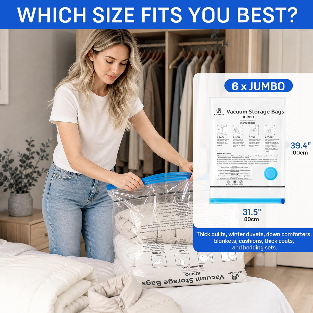 CaptainFive Vacuum Storage Bags Jumbo 6 Packs(39'' x 31.5'), Vacuum Pack Bags for Clothes, Pillows, Comforters, Duvets