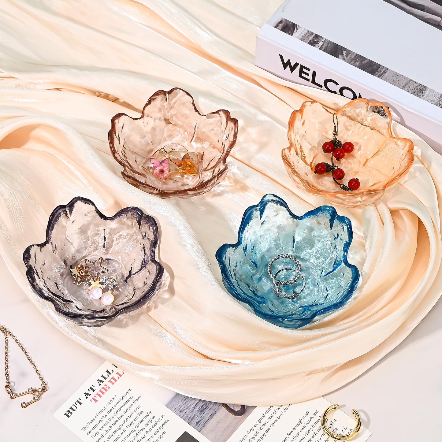 Koythin 2-Piece Glass Jewelry Tray, Mini Ring Dish for Necklace Earring Bracelet, Cute Trinket Tray for Engagement Vanity Bathroom