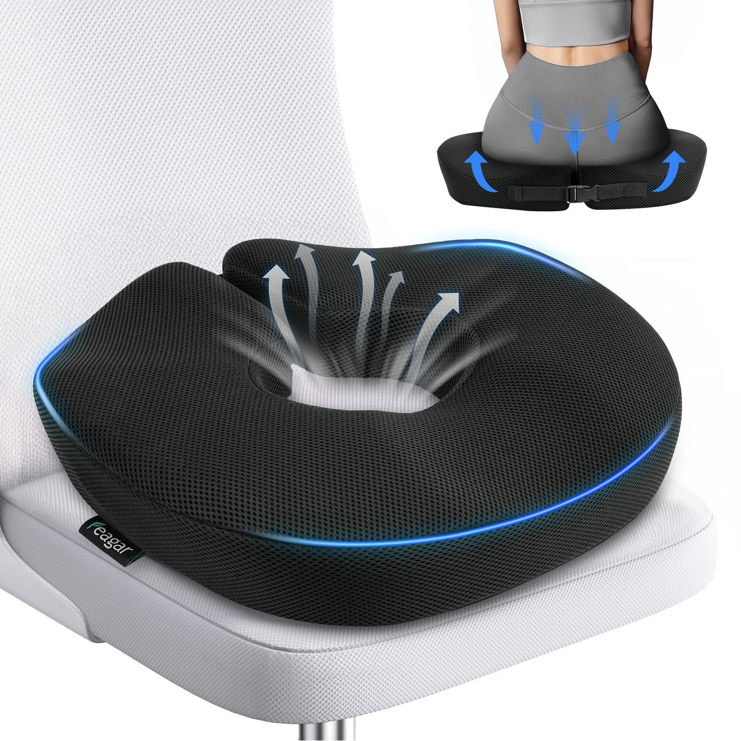Feagar Donut Cushion with Adjustable Buckle, Hemorrhoid & Ring Cushion for Pressure Relief, Memory Foam Doughnut Cushion for Long Sitting
