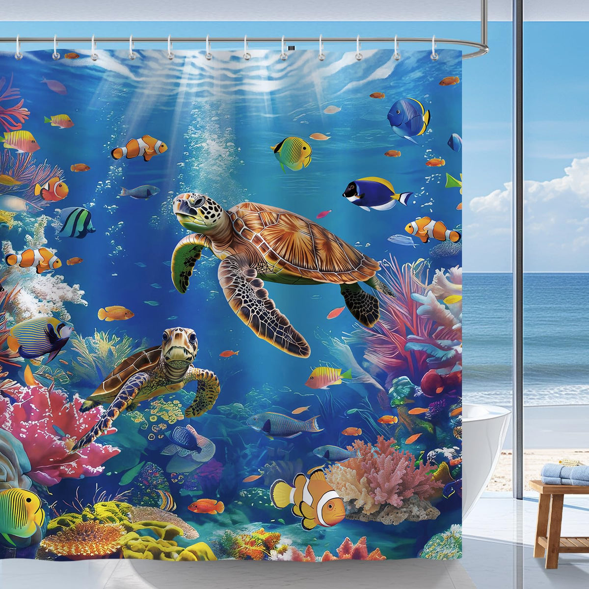 Bonhause Underwater World Shower Curtain, Sea Turtle Tropical Fishes Bathroom Curtain 180 x 180 cm Waterproof Mildew and Mould Resistant Polyester